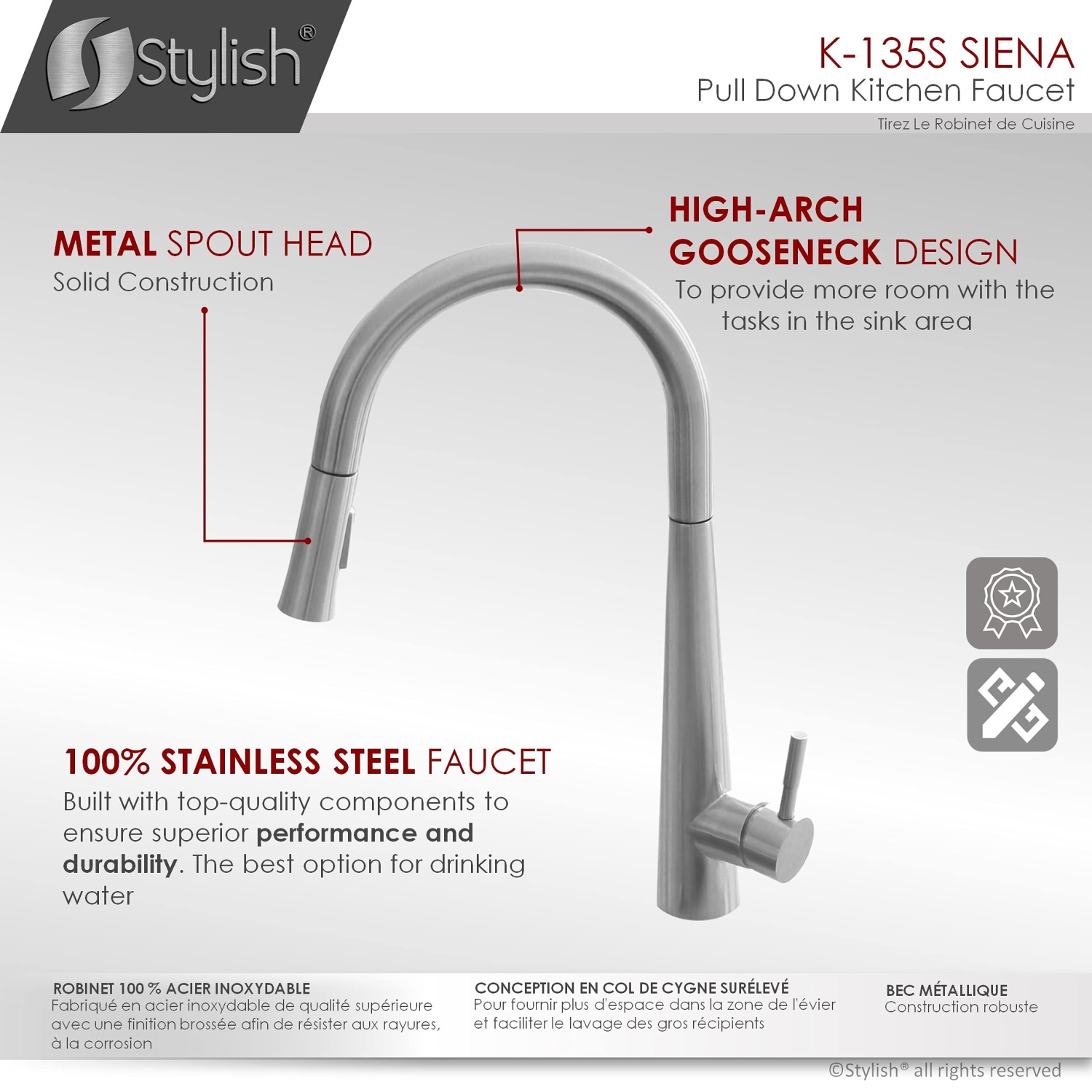 Stylish Single Handle Brushed Stainless Steel Pull Down Kitchen Faucet K-135S