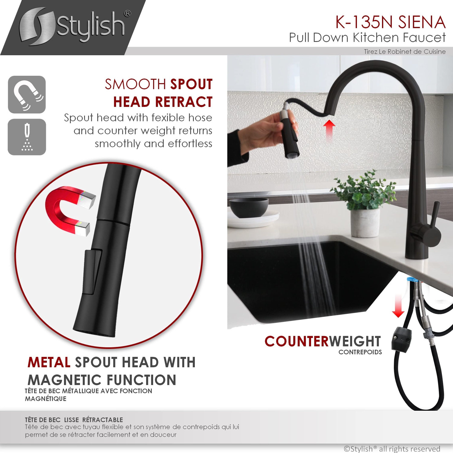 Stylish Single Handle Matte Black Pull Down Kitchen Faucet K-135N