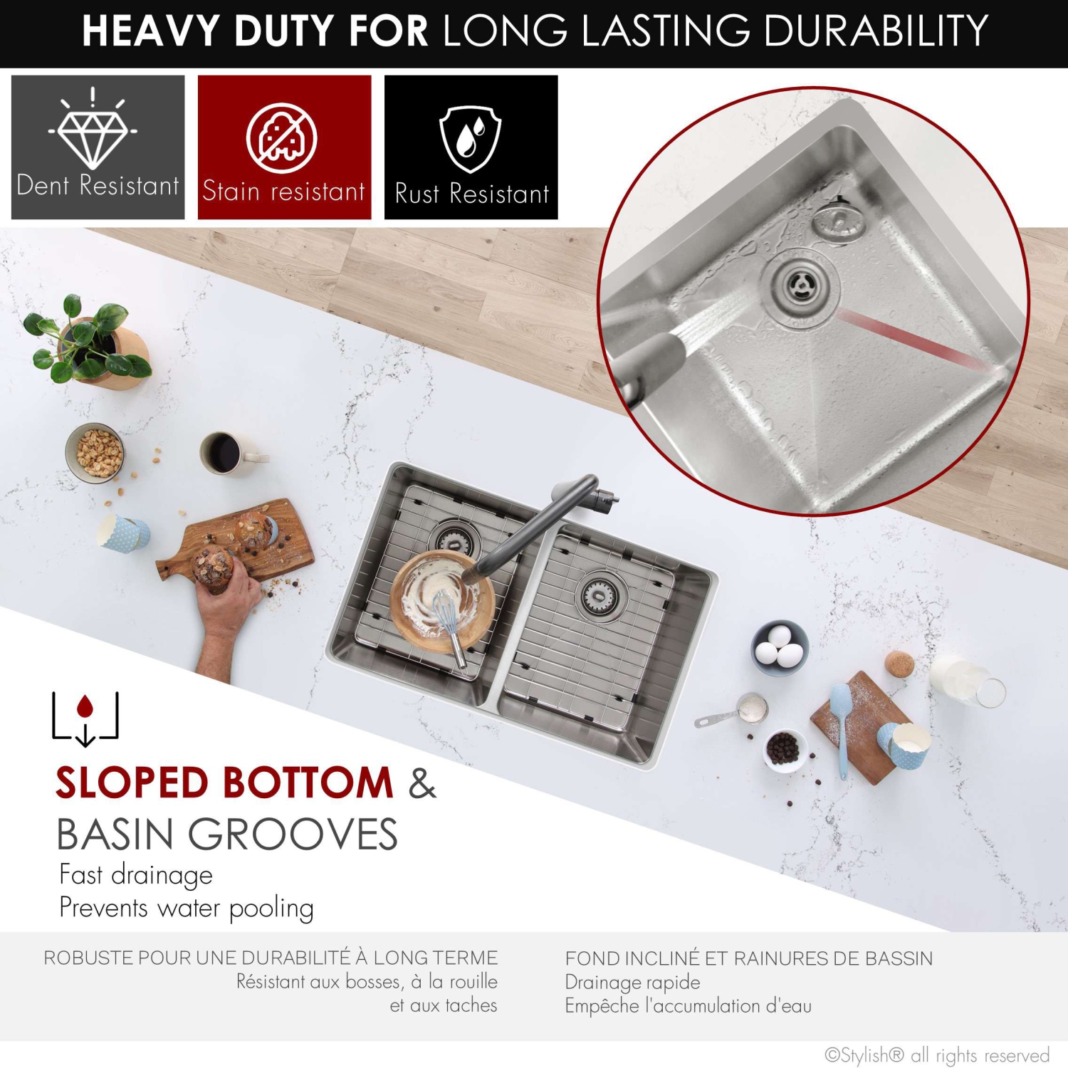 Stylish Dual-Mount 31" Double-Bowl Stainless Steel Kitchen Sink with Strainers and Grids S-401G