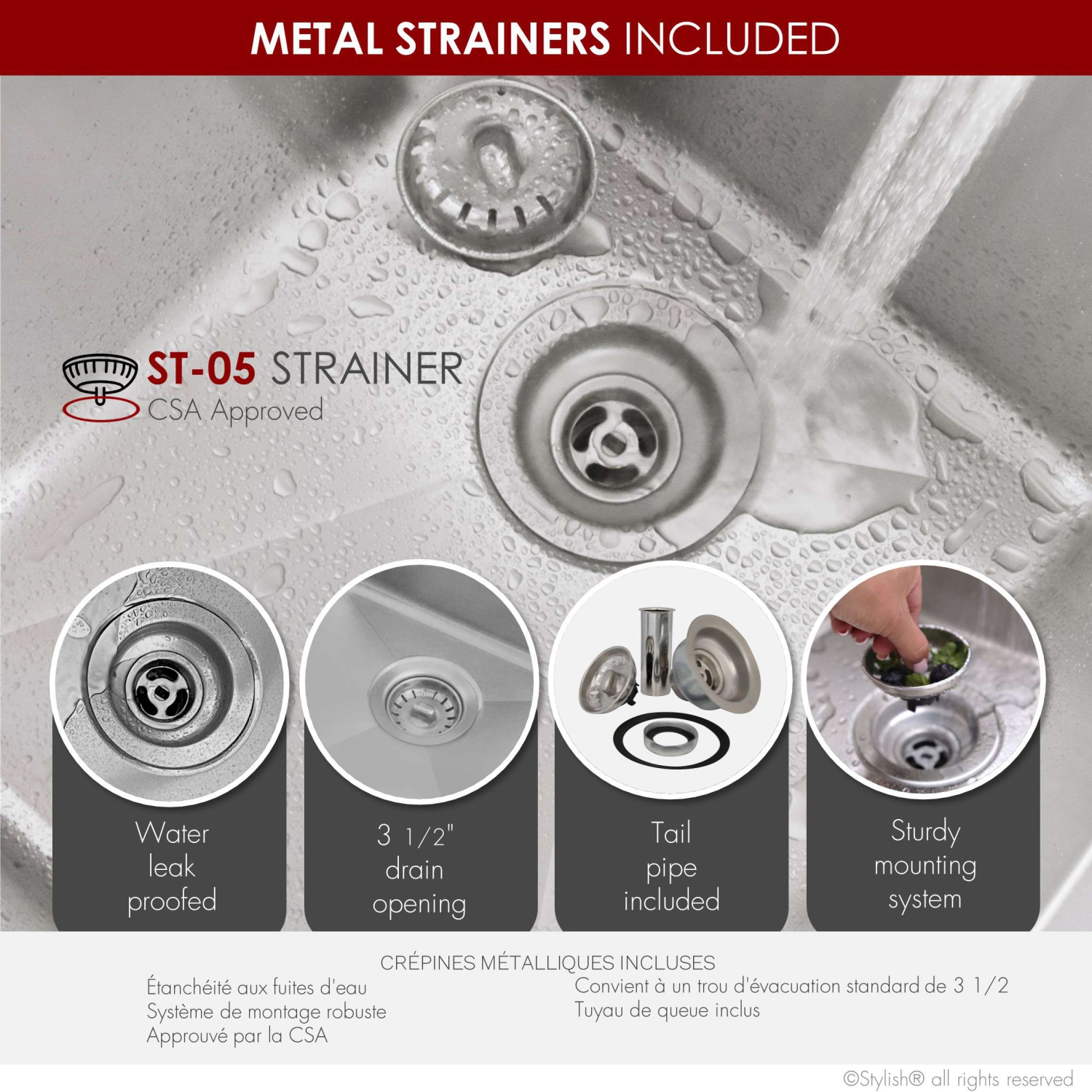 Stylish Dual-Mount 31" Double-Bowl Stainless Steel Kitchen Sink with Strainers and Grids S-401G