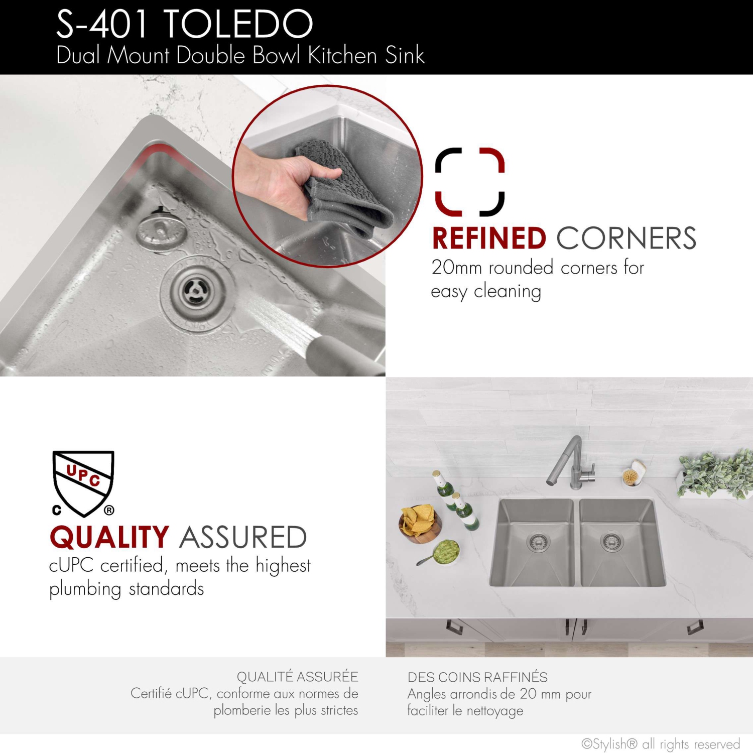 Stylish Dual-Mount 31" Double-Bowl Stainless Steel Kitchen Sink with Strainers S-401