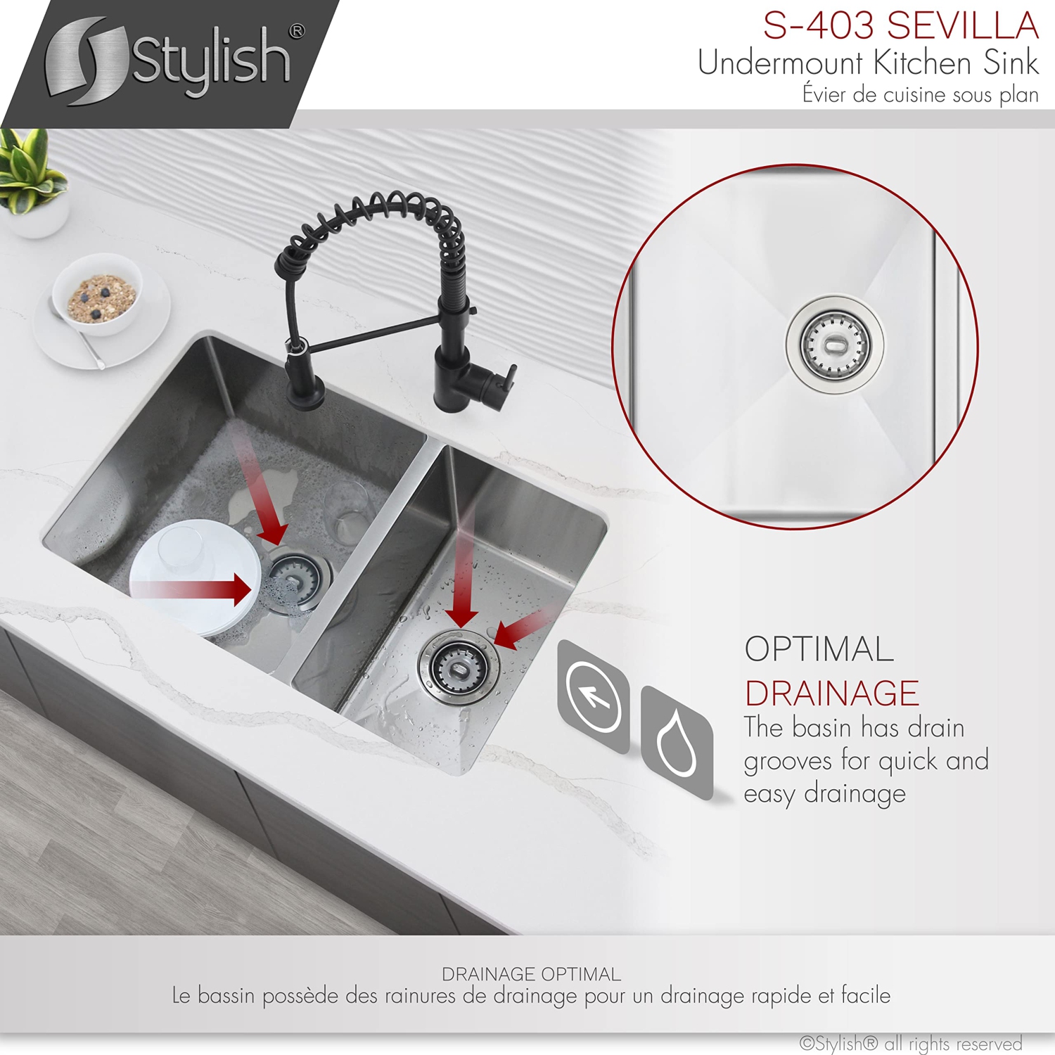 Stylish Undermount 28 inch Stainless Steel Double Bowl Kitchen Sink S-403