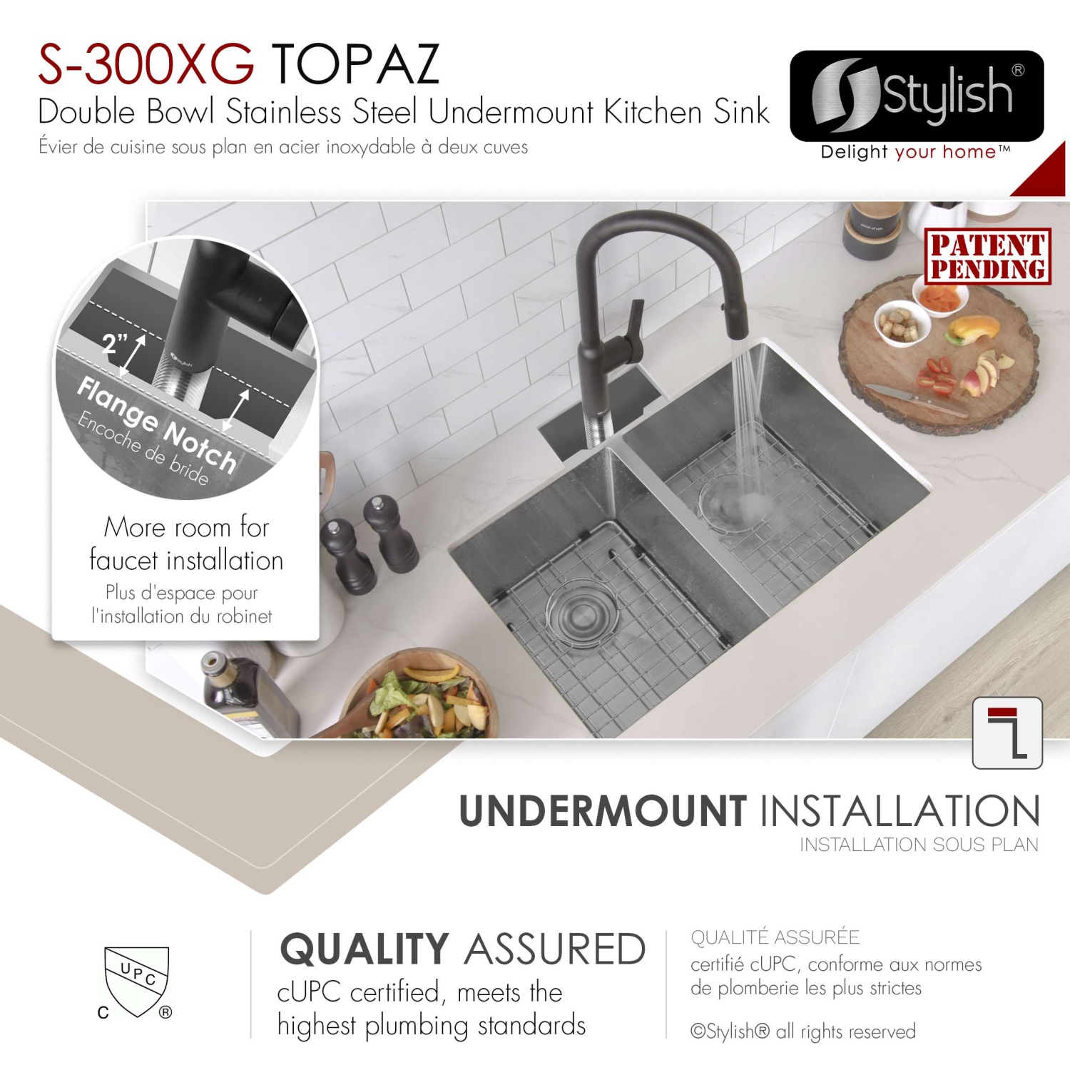 Stylish Undermount 28 inch Stainless Steel 16 G Double Bowl Kitchen Sink S-300XG