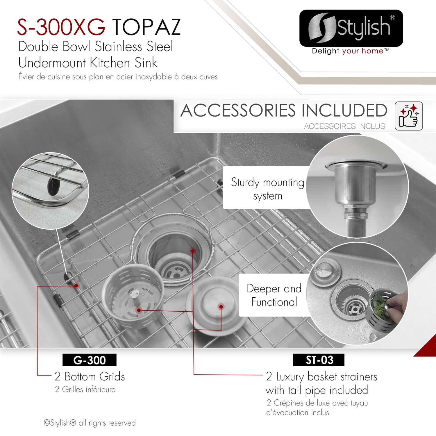 Stylish Undermount 28 inch Stainless Steel 16 G Double Bowl Kitchen Sink S-300XG