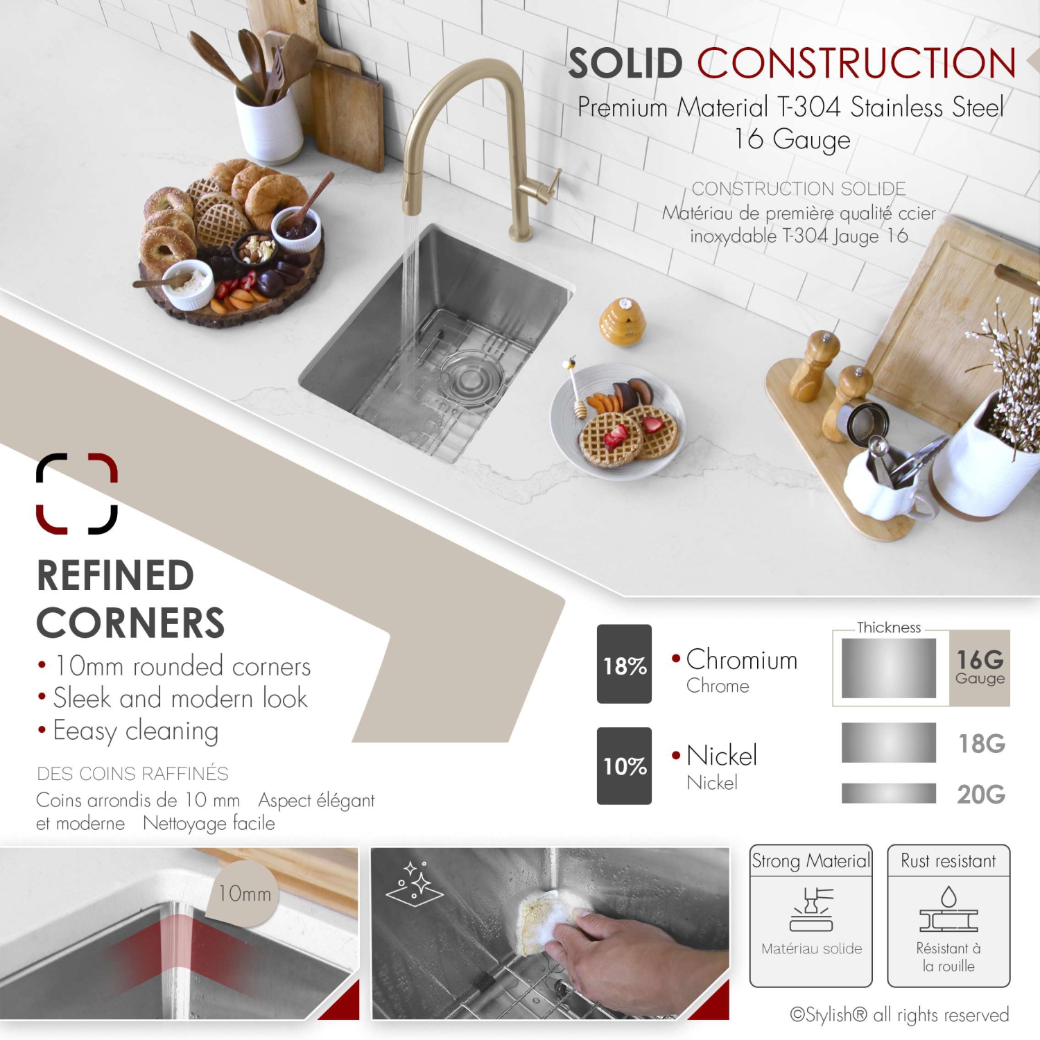 Stylish Undermount 16 inch Stainless Steel Single Bowl Kitchen Sink S-309XG