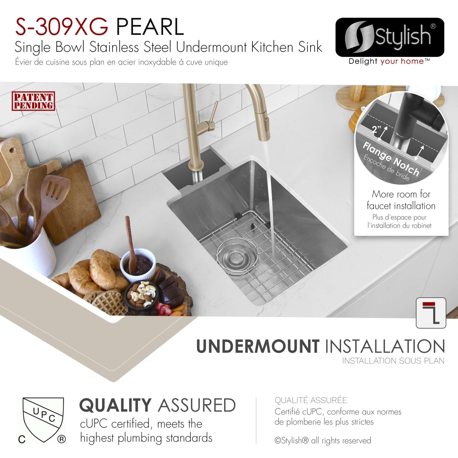 Stylish Undermount 16 inch Stainless Steel Single Bowl Kitchen Sink S-309XG