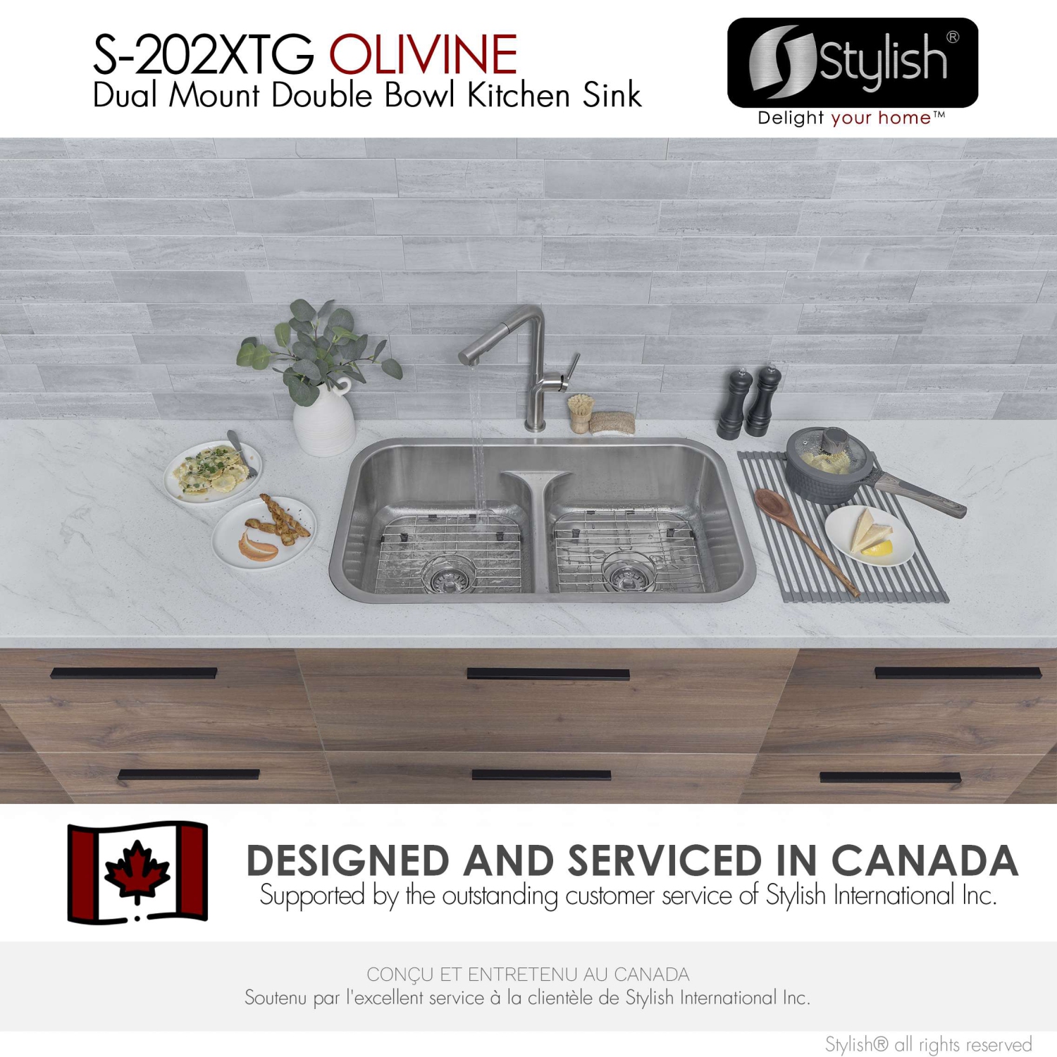 Stylish Olivine Dual-Mount 32" Stainless Steel Double-Bowl Kitchen Sink S-202XTG