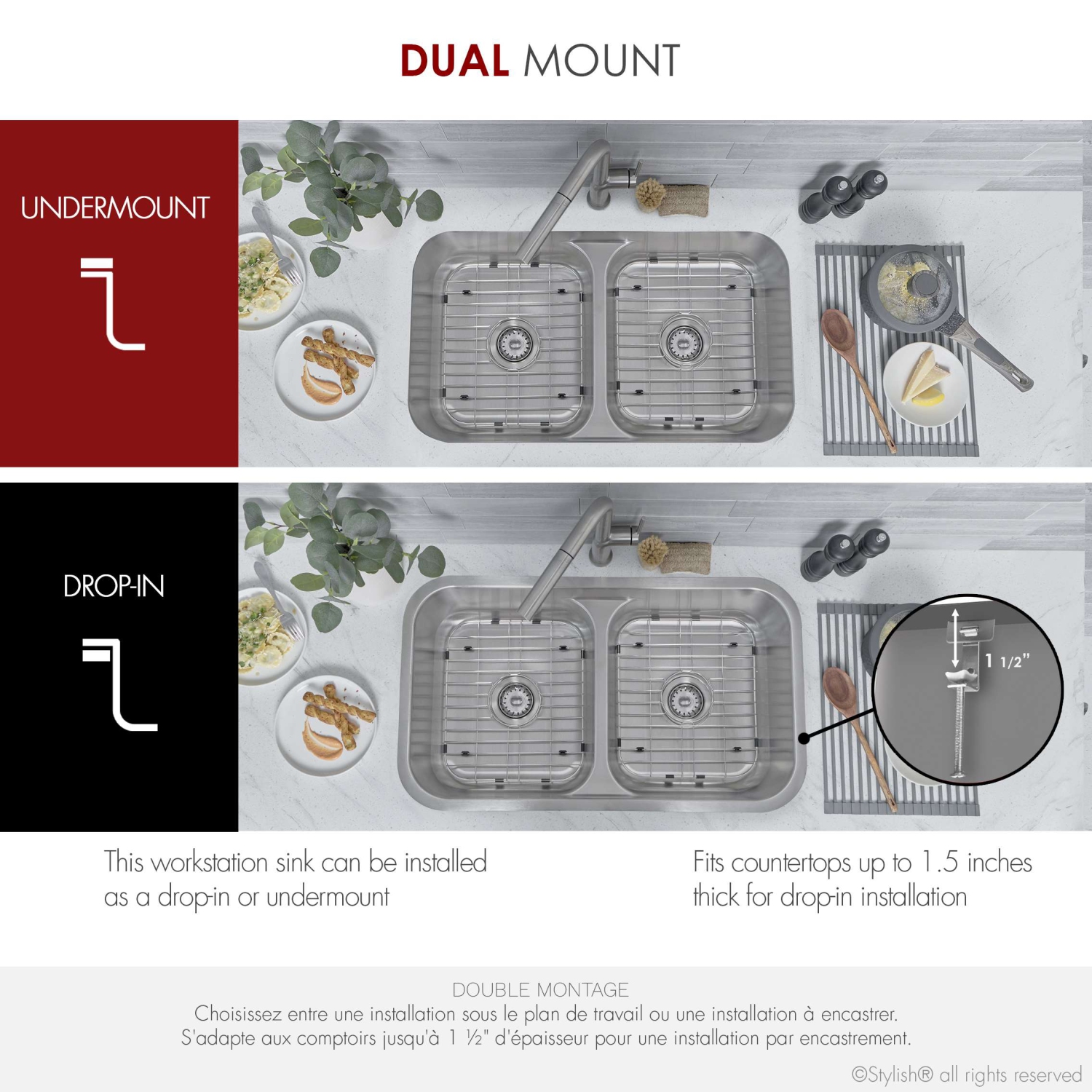 Stylish Olivine Dual-Mount 32" Stainless Steel Double-Bowl Kitchen Sink S-202XTG
