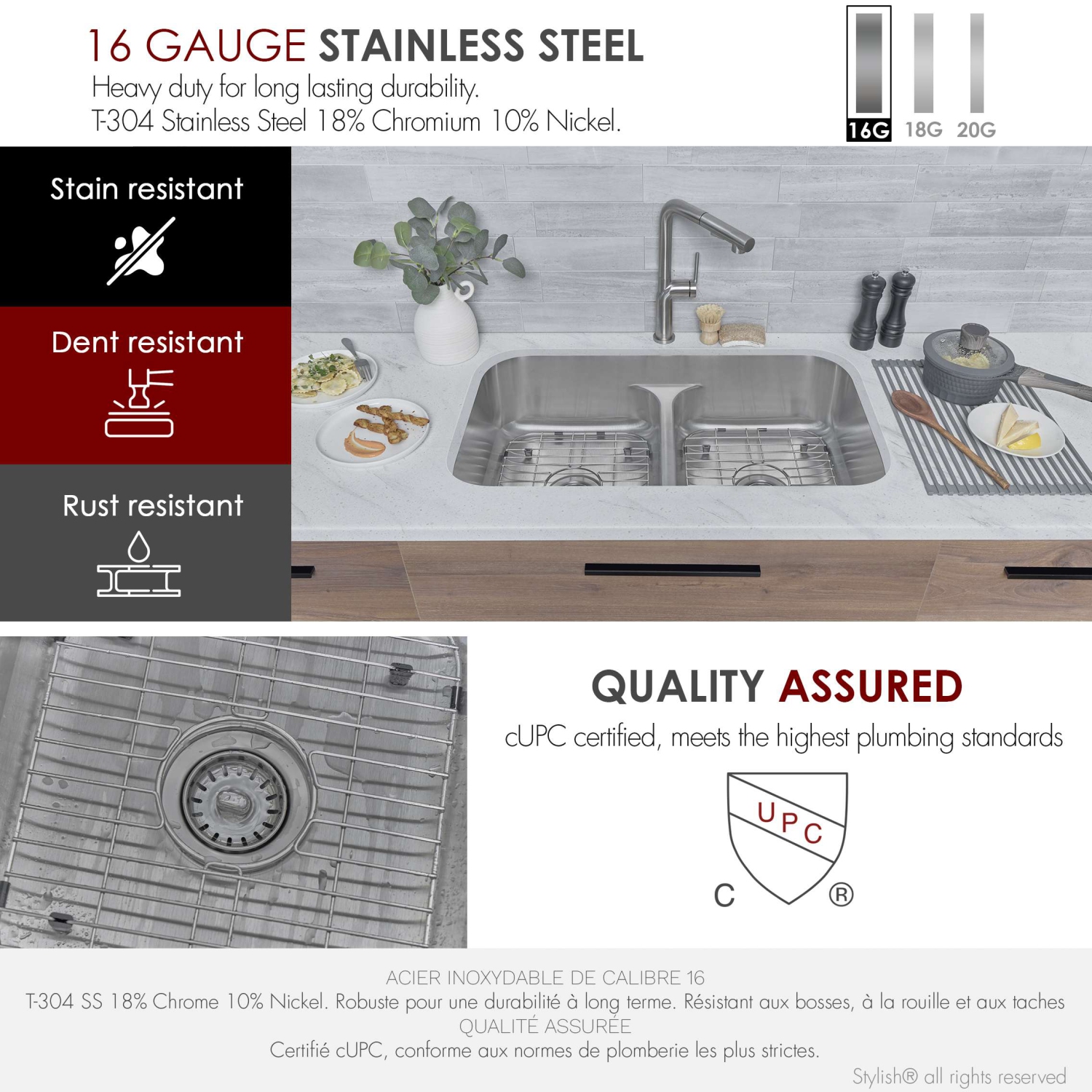 Stylish Olivine Dual-Mount 32" Stainless Steel Double-Bowl Kitchen Sink S-202XTG