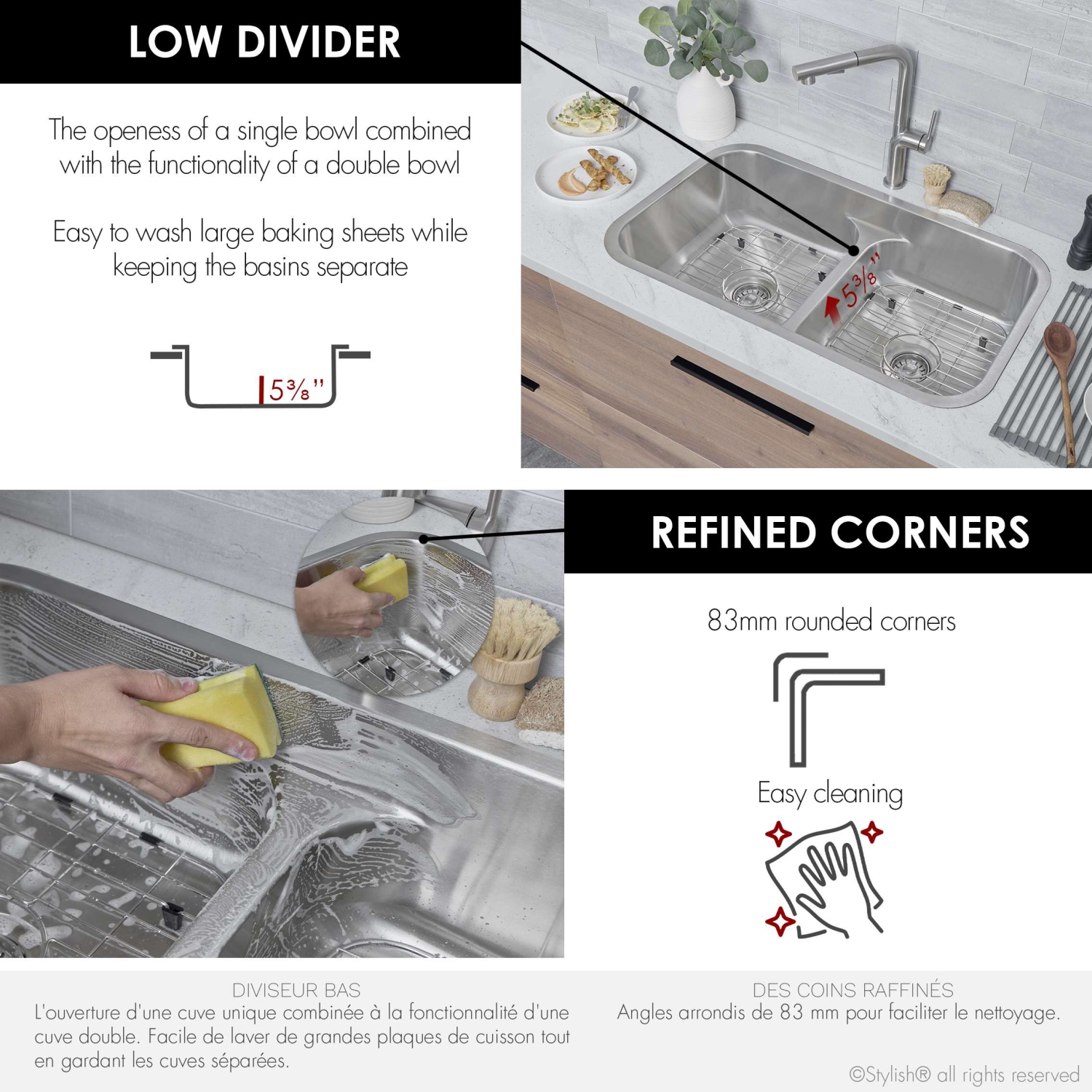 Stylish Olivine Dual-Mount 32" Stainless Steel Double-Bowl Kitchen Sink S-202XTG