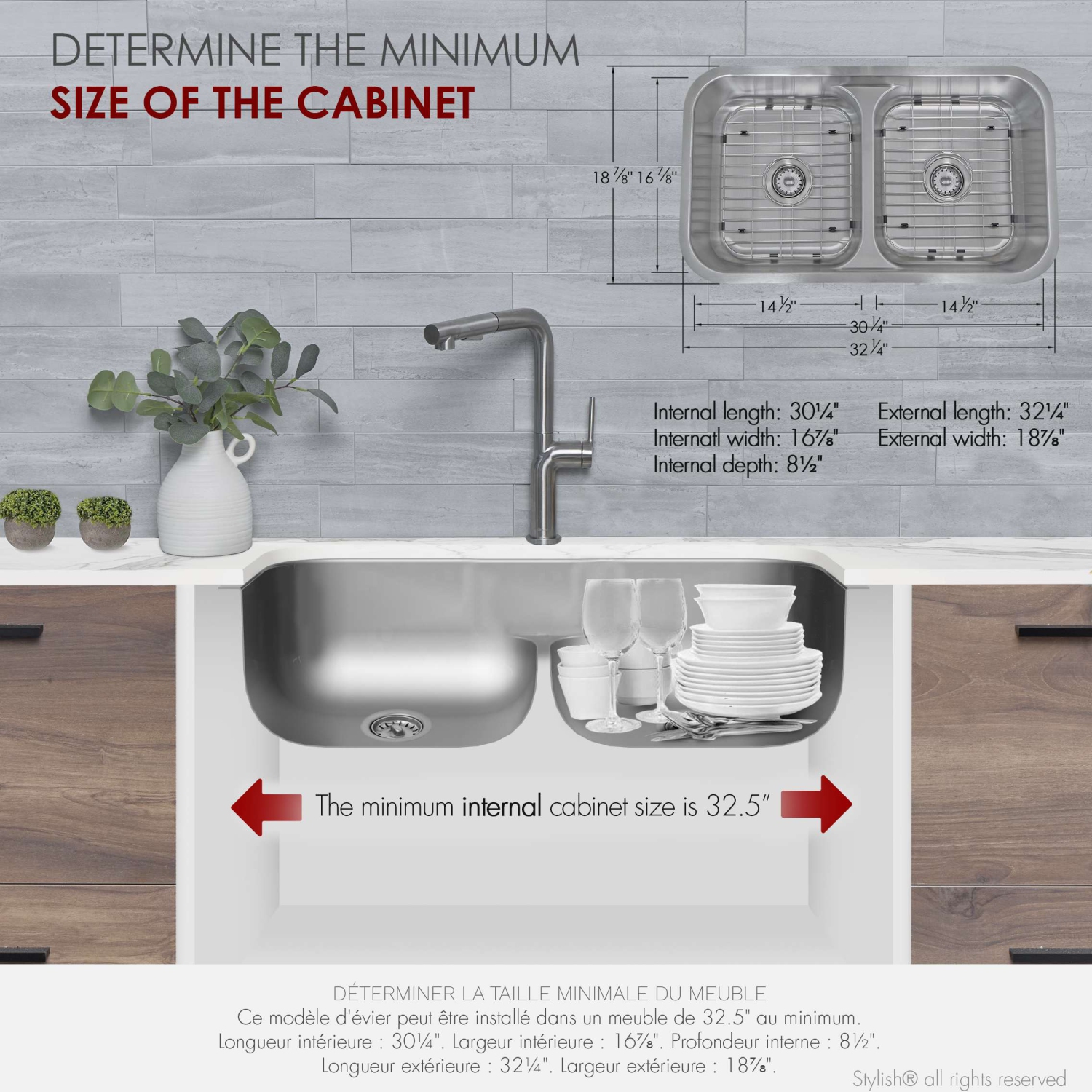 Stylish Olivine Dual-Mount 32" Stainless Steel Double-Bowl Kitchen Sink S-202XTG