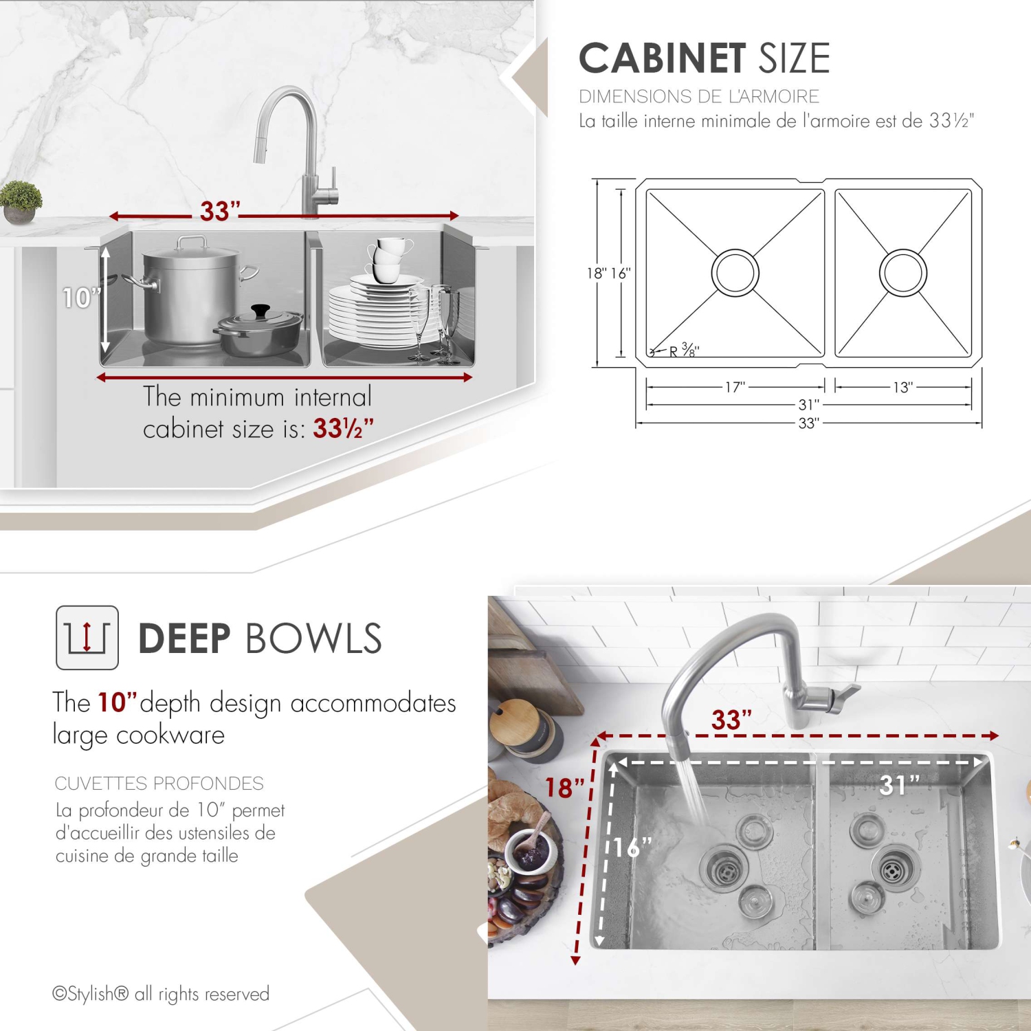 Stylish Undermount 33 inch Stainless Steel 60/40 Double Bowl 60/40 Kitchen Sink S-322XG