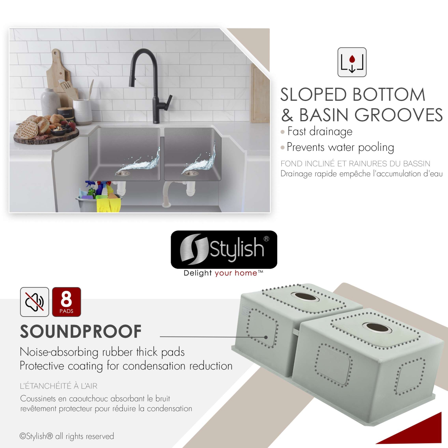 Stylish Undermount 33 inch Stainless Steel 60/40 Double Bowl 60/40 Kitchen Sink S-322XG