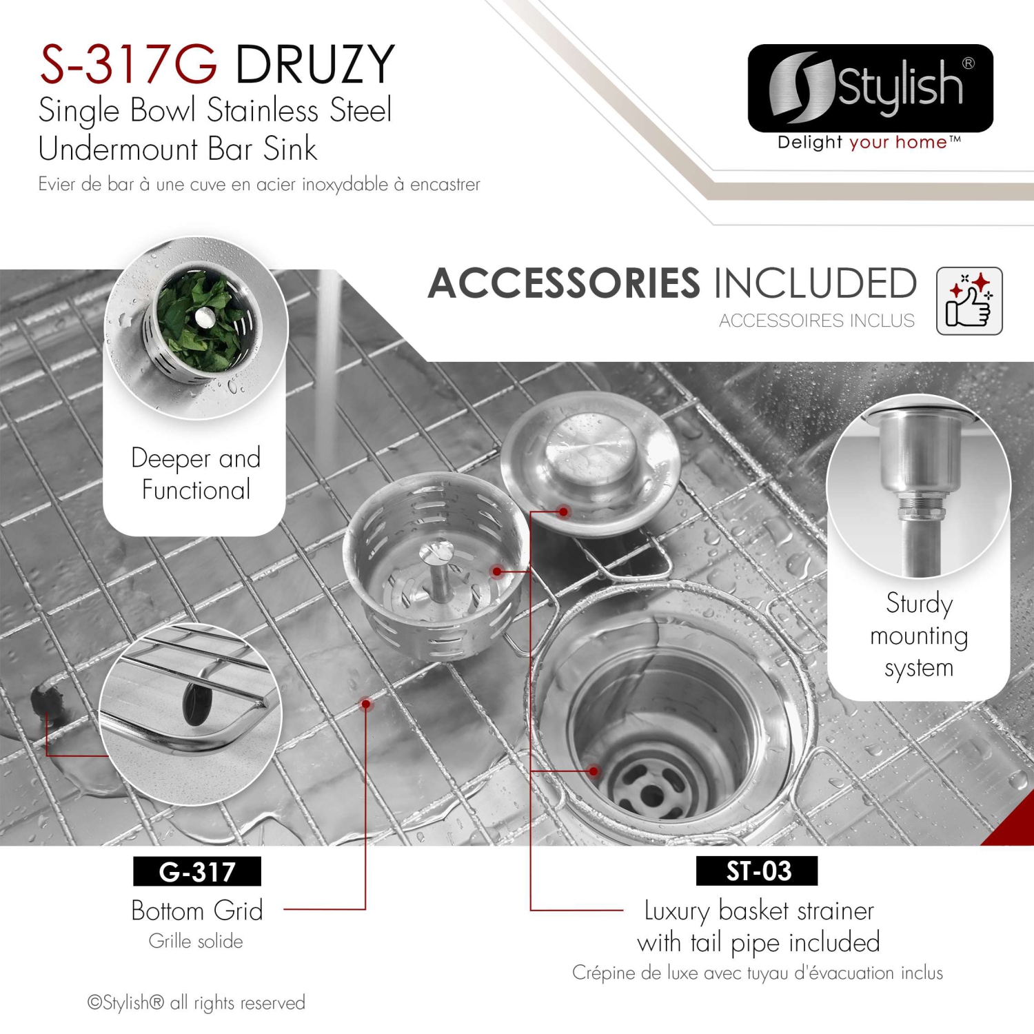 Stylish Undermount 15 inch Stainless Steel Single Bowl Kitchen Sink S-317G