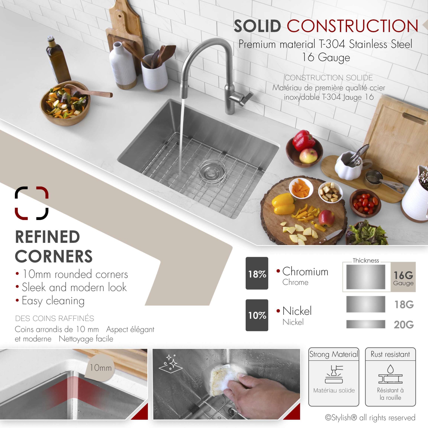 Stylish Undermount 25 inch Stainless Steel 16 G Single Bowl Kitchen Sink S-312XG