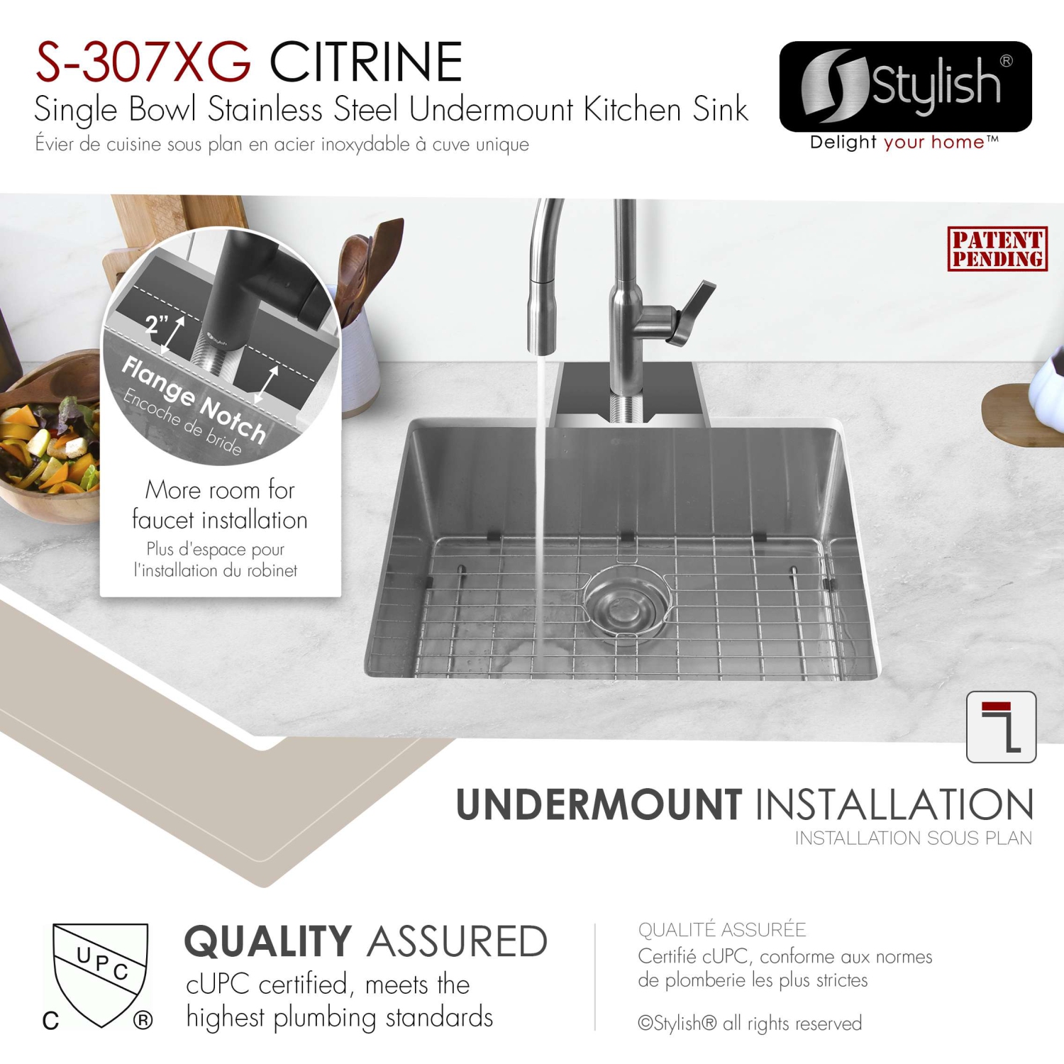 Stylish Undermount 23 inch Stainless Steel Single Bowl Kitchen Sink S-307XG