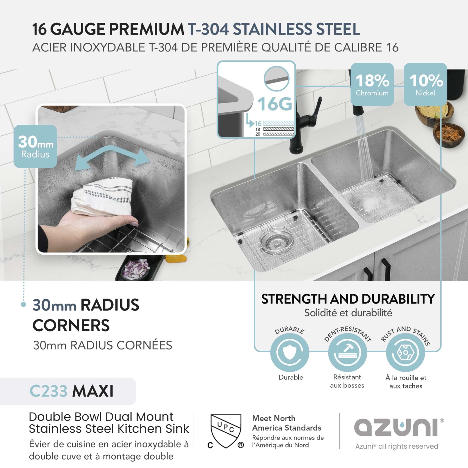 AZUNI Maxi Dual Mount 32" Double-Bowl Stainless Steel Kitchen Sink C233