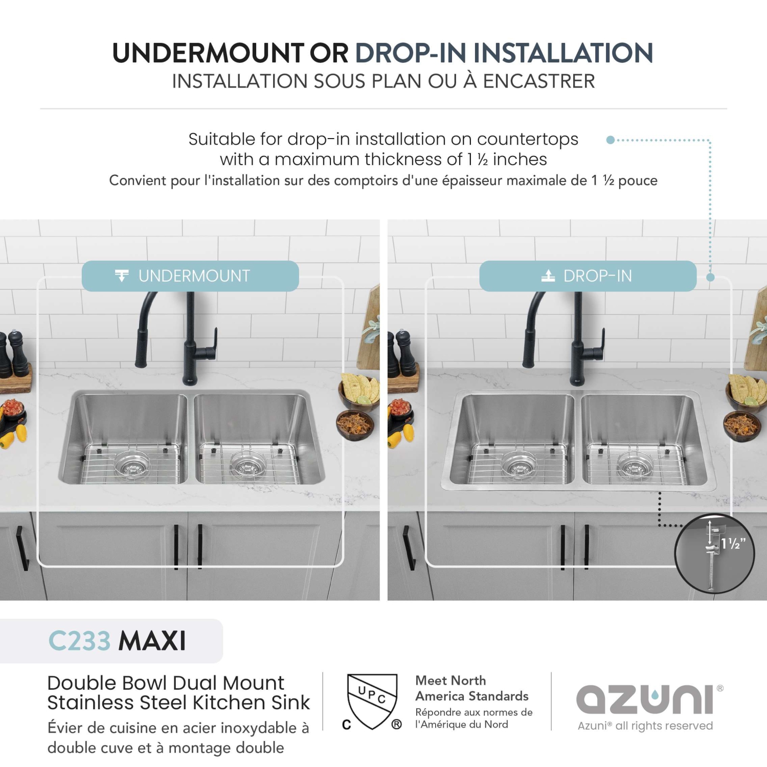 AZUNI Maxi Dual Mount 32" Double-Bowl Stainless Steel Kitchen Sink C233