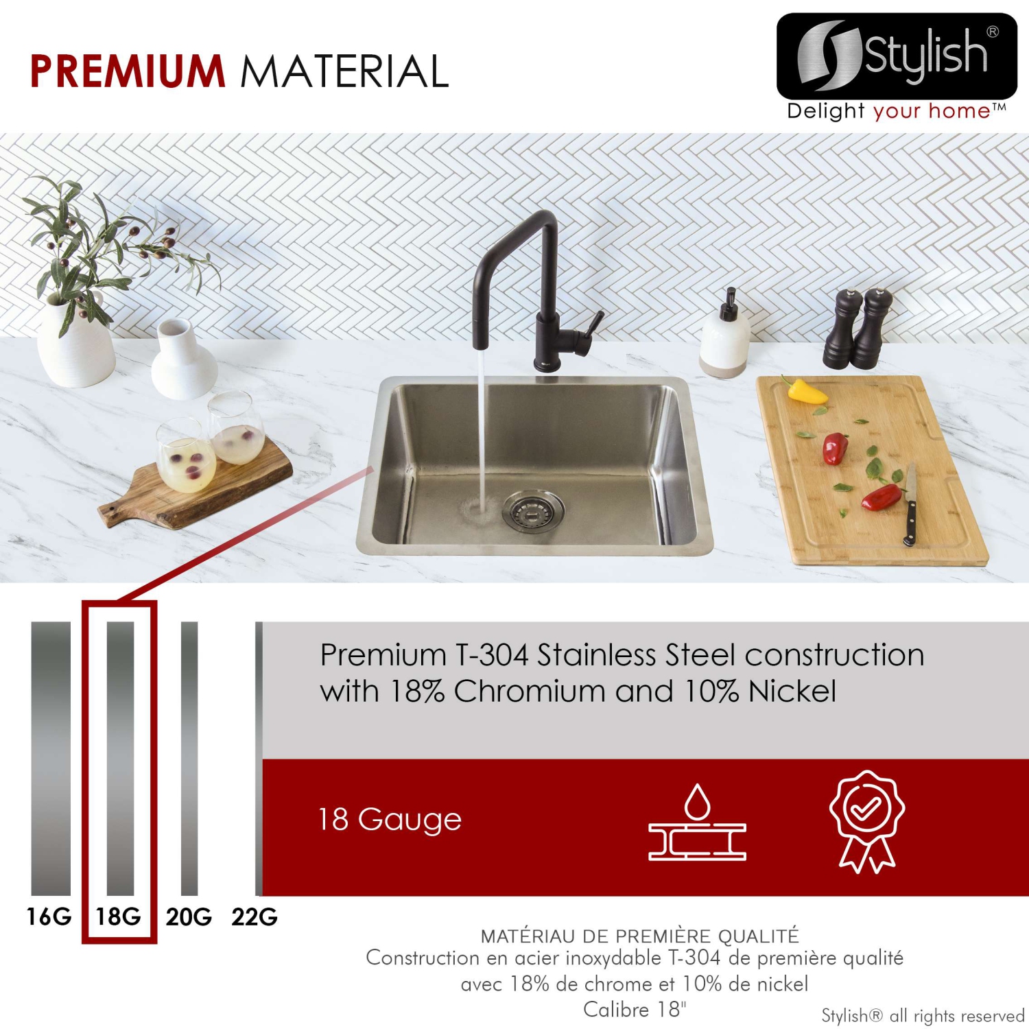 Stylish Dual-Mount 23" Stainless Steel Single Bowl Kitchen Sink S-203T