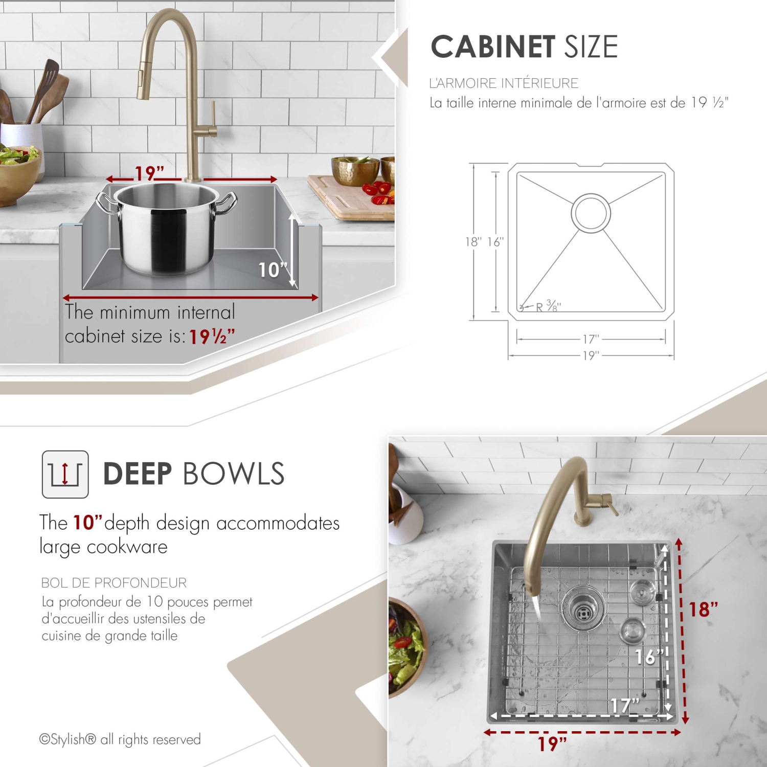 Stylish Undermount 19 inch Stainless Steel Single Bowl Kitchen Sink S-308XG