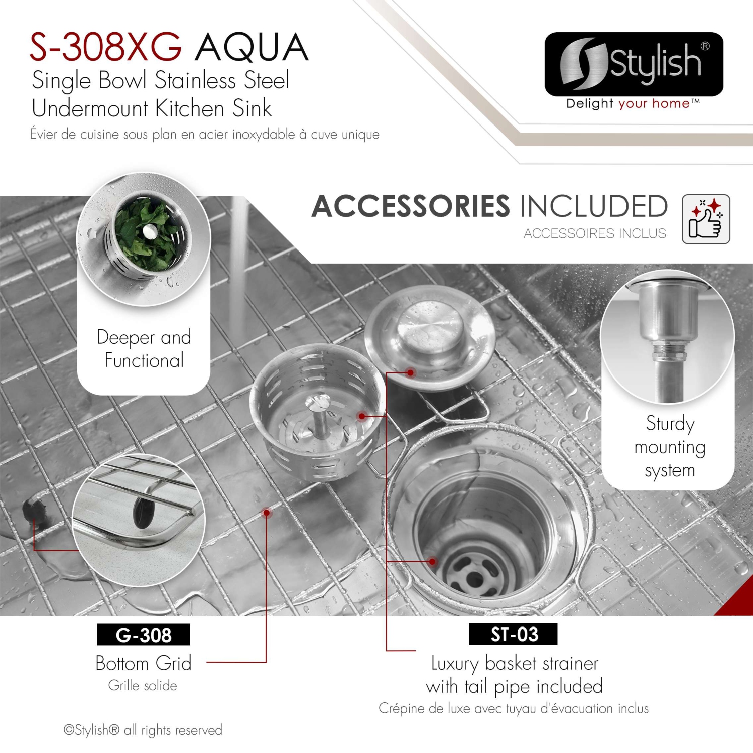 Stylish Undermount 19 inch Stainless Steel Single Bowl Kitchen Sink S-308XG