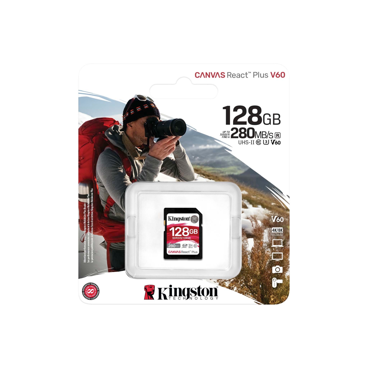 Kingston – Carte mémoire SD Canvas React Plus V60, SDXC UHS-II 280R/100 W U3/60/4K, capacité 128 Go
