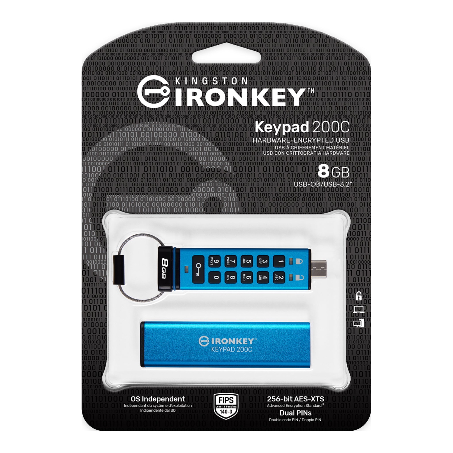 Kingston - IronKey Keypad 200 Series USB-C Encryption Flash Drive, FIPS 140-3 Level 3 Certified, 8GB Capacity