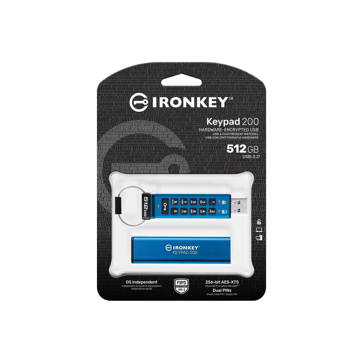 Kingston – Clé USB cryptée IronKey Keypad série 200, certifiée FIPS 140-3 niveau 3, capacité 512&nbsp;Go