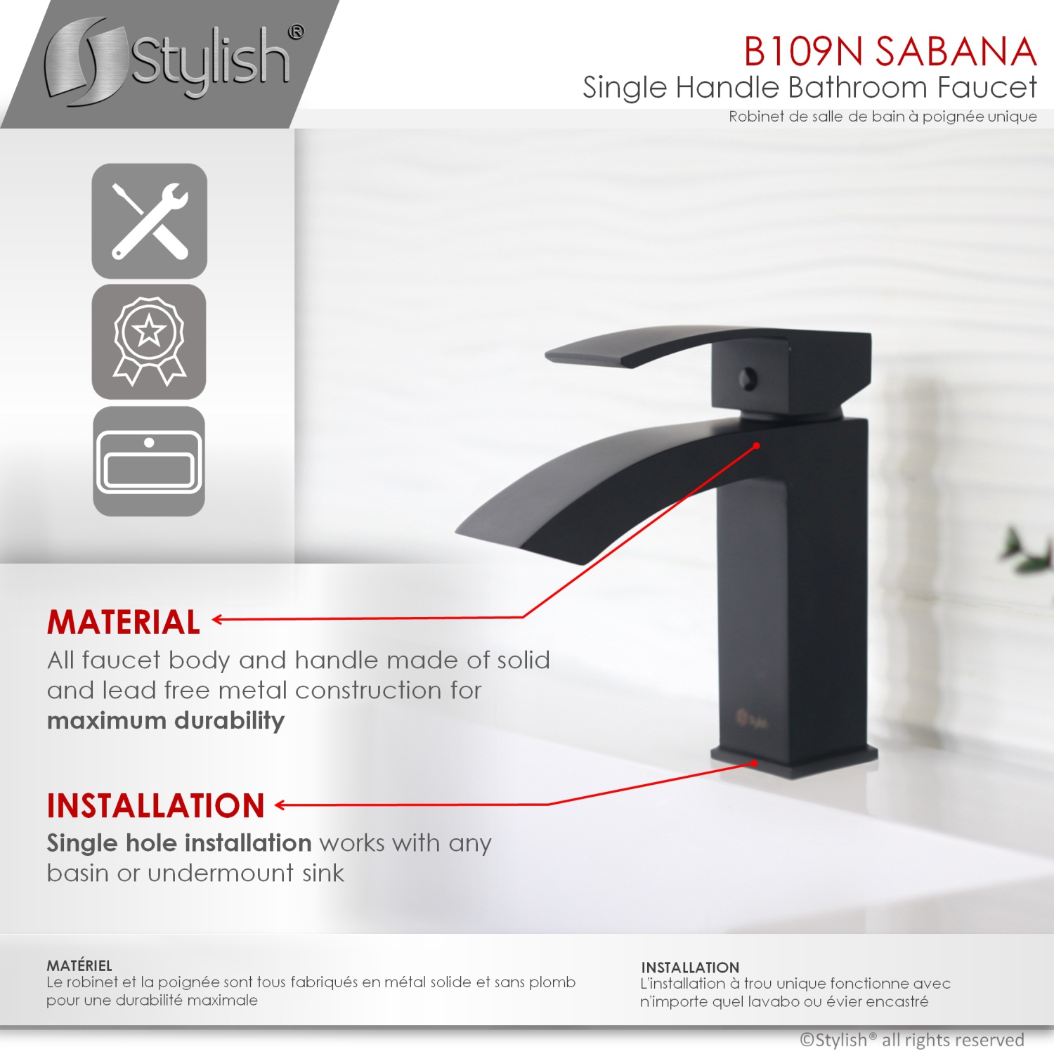 STYLISH Single Handle Bathroom Faucet for Single Hole Brass Basin Mixer Tap, Matte Black B-109N