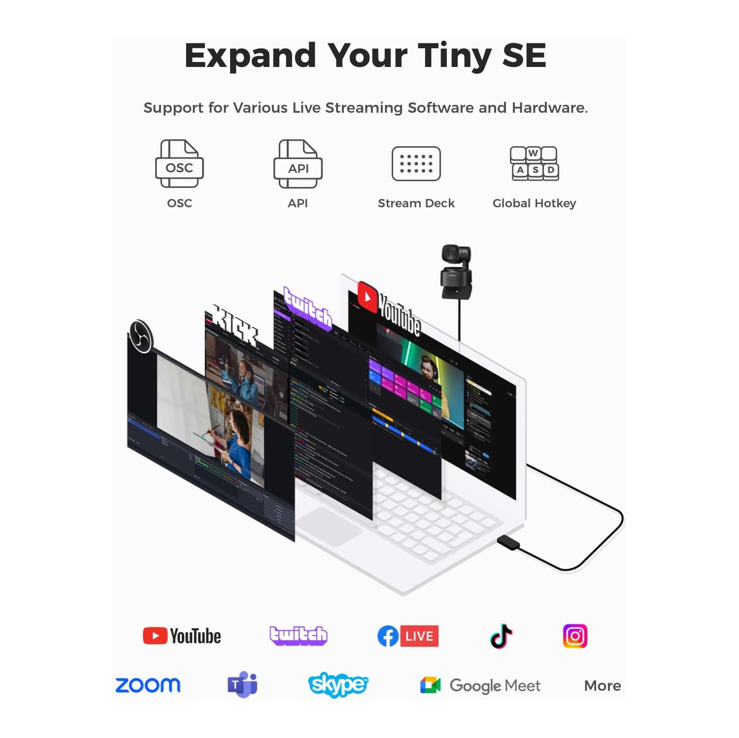 Caméra Web Tiny SE 1080p 100 ips d'OBSBOT pour PC, caméra de diffusion en continu PTZ avec suivi IA avec capteur 1/2 de 8 po, commande