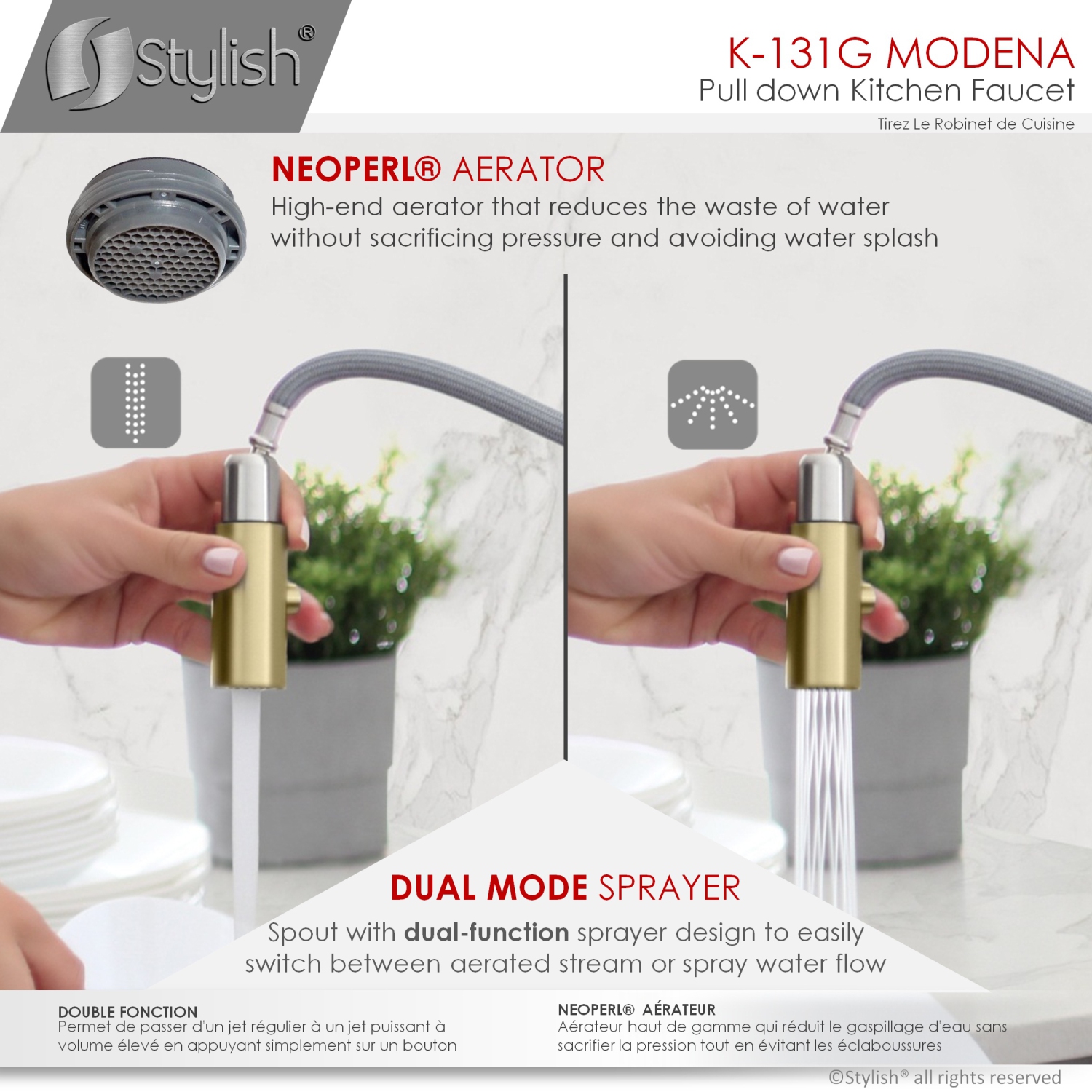 STYLISH Kitchen Sink Faucet Single Handle Pull Down Dual Mode Stainless Steel in Brushed Gold K-131G