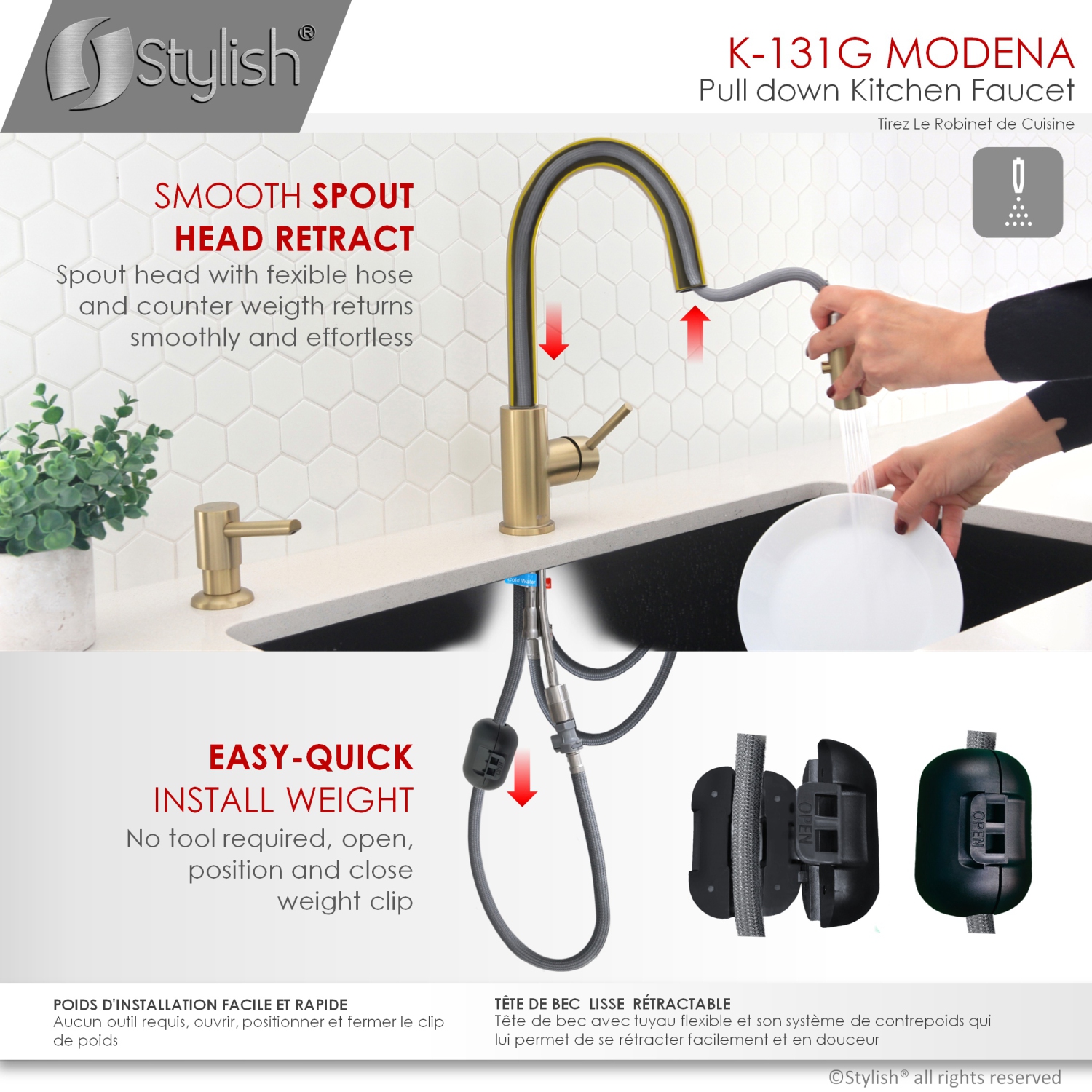 STYLISH Kitchen Sink Faucet Single Handle Pull Down Dual Mode Stainless Steel in Brushed Gold K-131G