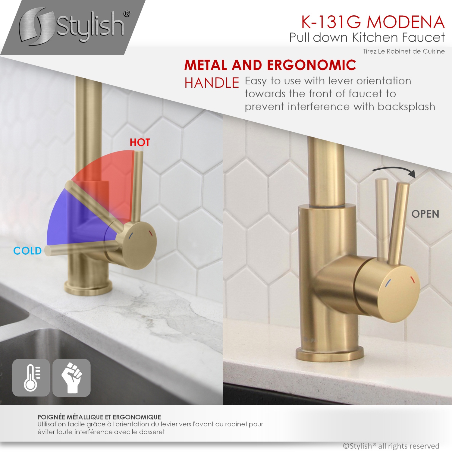 STYLISH Kitchen Sink Faucet Single Handle Pull Down Dual Mode Stainless Steel in Brushed Gold K-131G