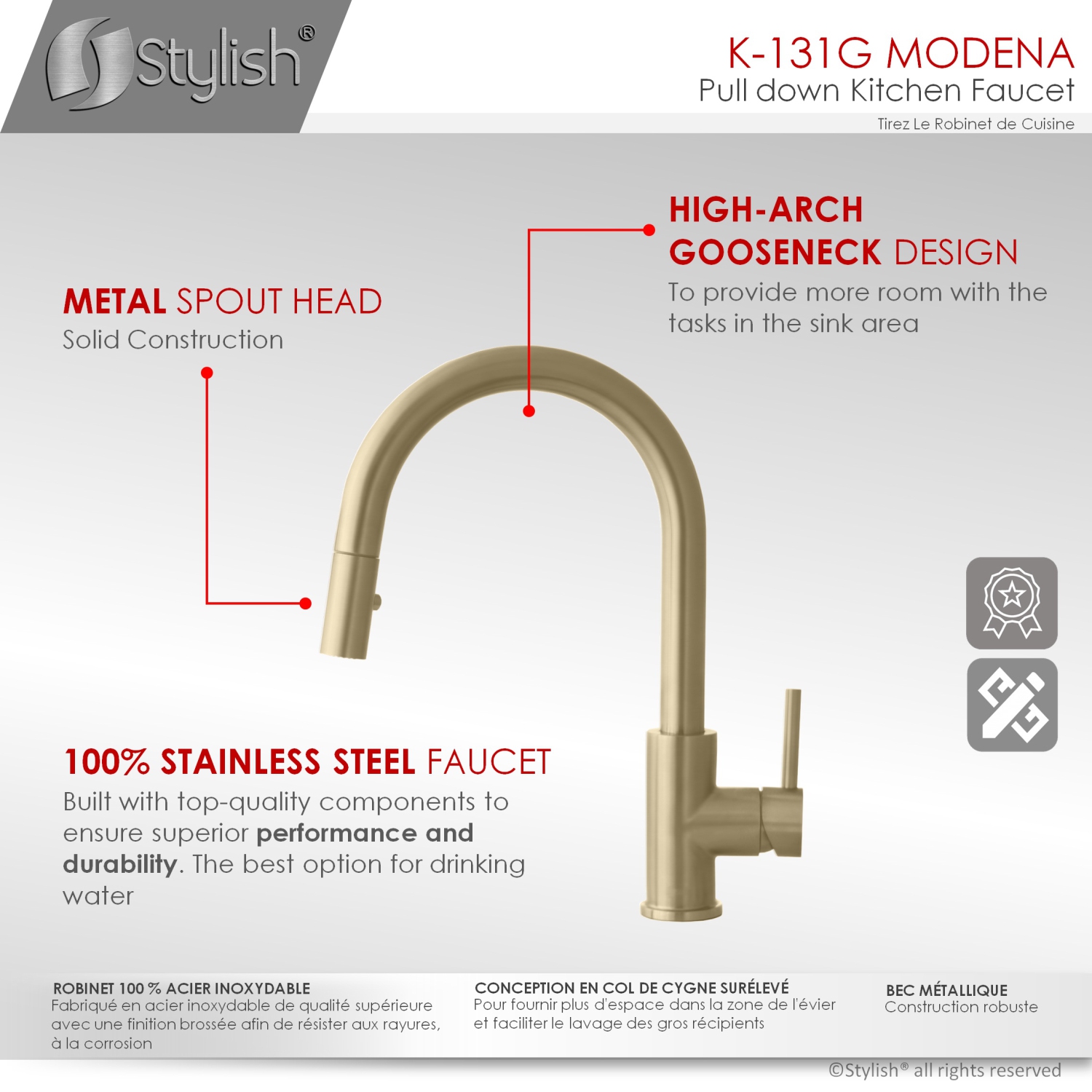 STYLISH Kitchen Sink Faucet Single Handle Pull Down Dual Mode Stainless Steel in Brushed Gold K-131G