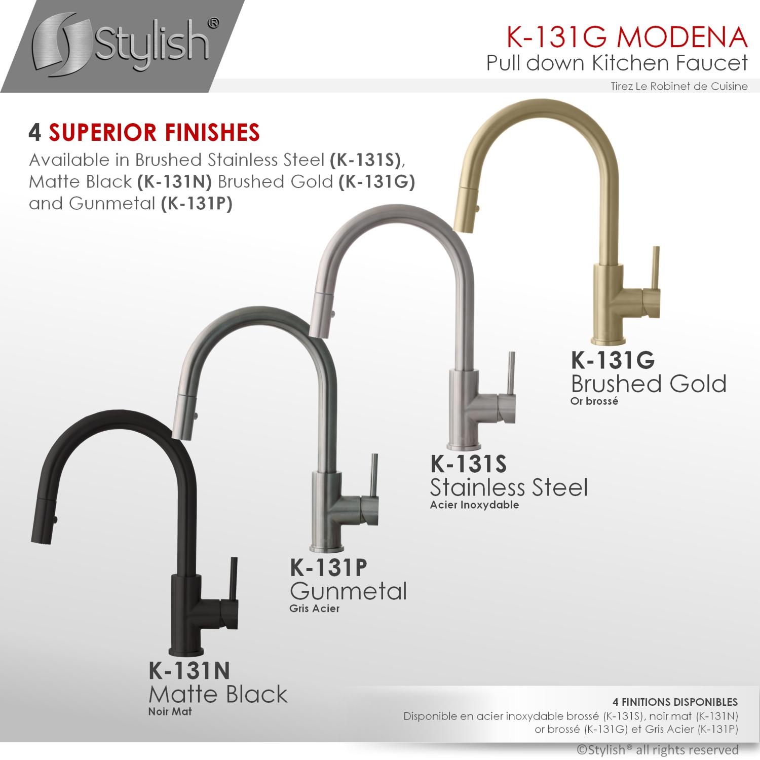 STYLISH Kitchen Sink Faucet Single Handle Pull Down Dual Mode Stainless Steel in Brushed Gold K-131G