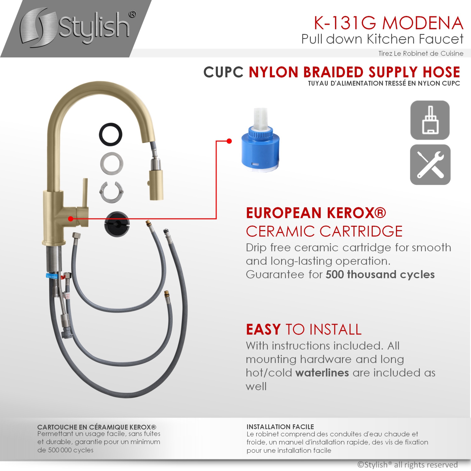 STYLISH Kitchen Sink Faucet Single Handle Pull Down Dual Mode Stainless Steel in Brushed Gold K-131G