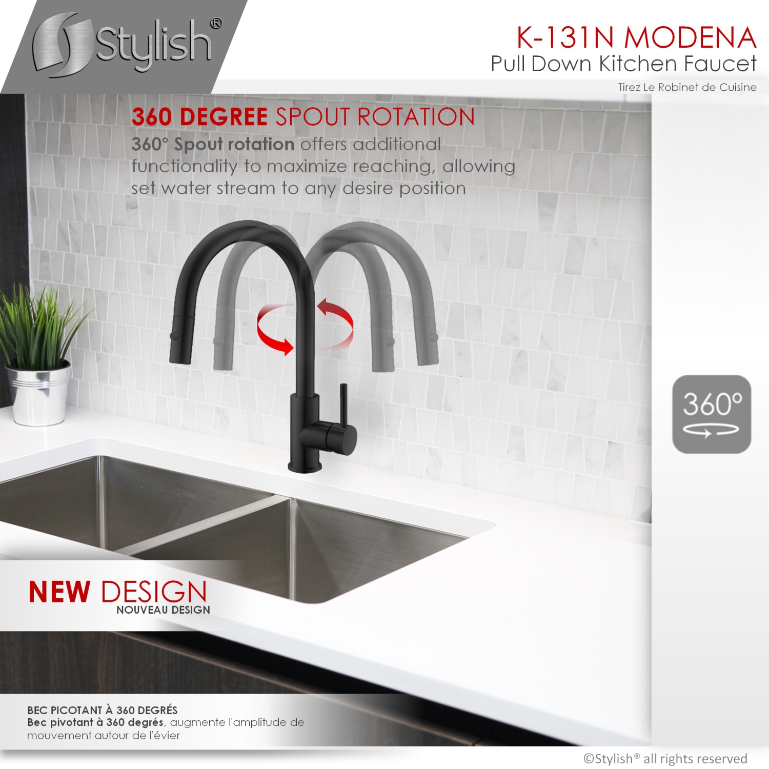 STYLISH Kitchen Sink Faucet Single Handle Pull Down Dual Mode Stainless Steel in Matte Black K-131N