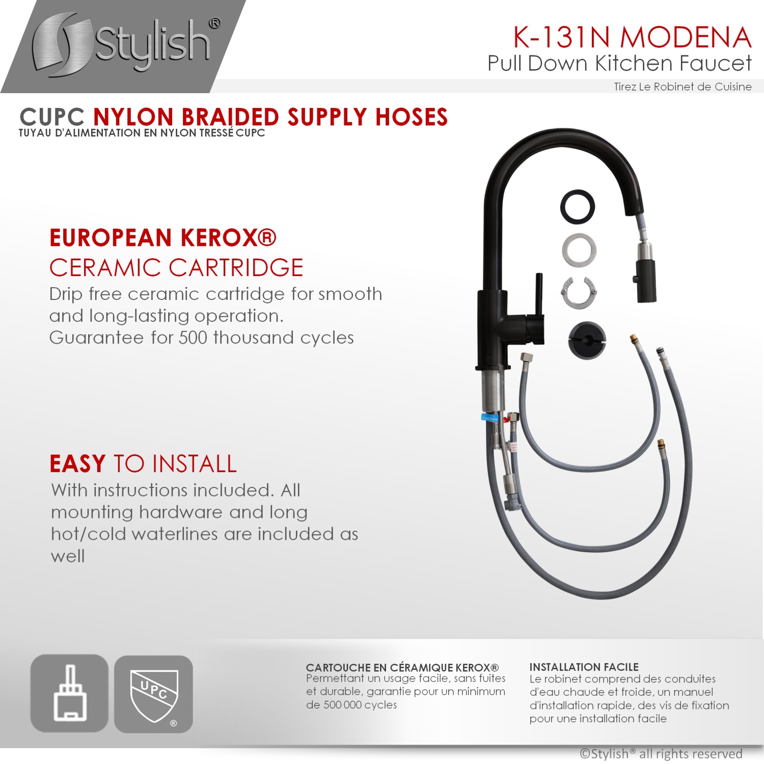 STYLISH Kitchen Sink Faucet Single Handle Pull Down Dual Mode Stainless Steel in Matte Black K-131N