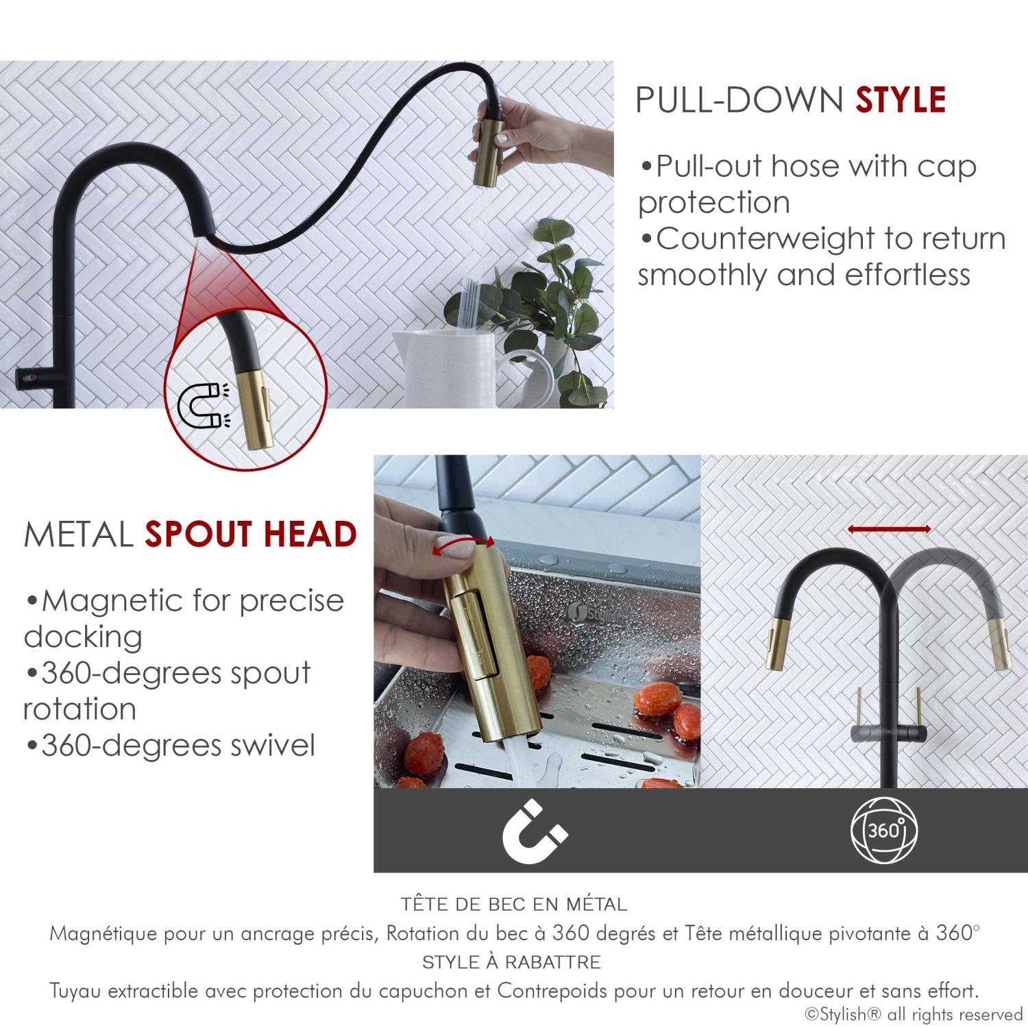 Stylish Kitchen Sink Faucet Single Handle Pull Down Dual Mode Lead Free Matte Black with Gold Head and Handle Finish K-141NG