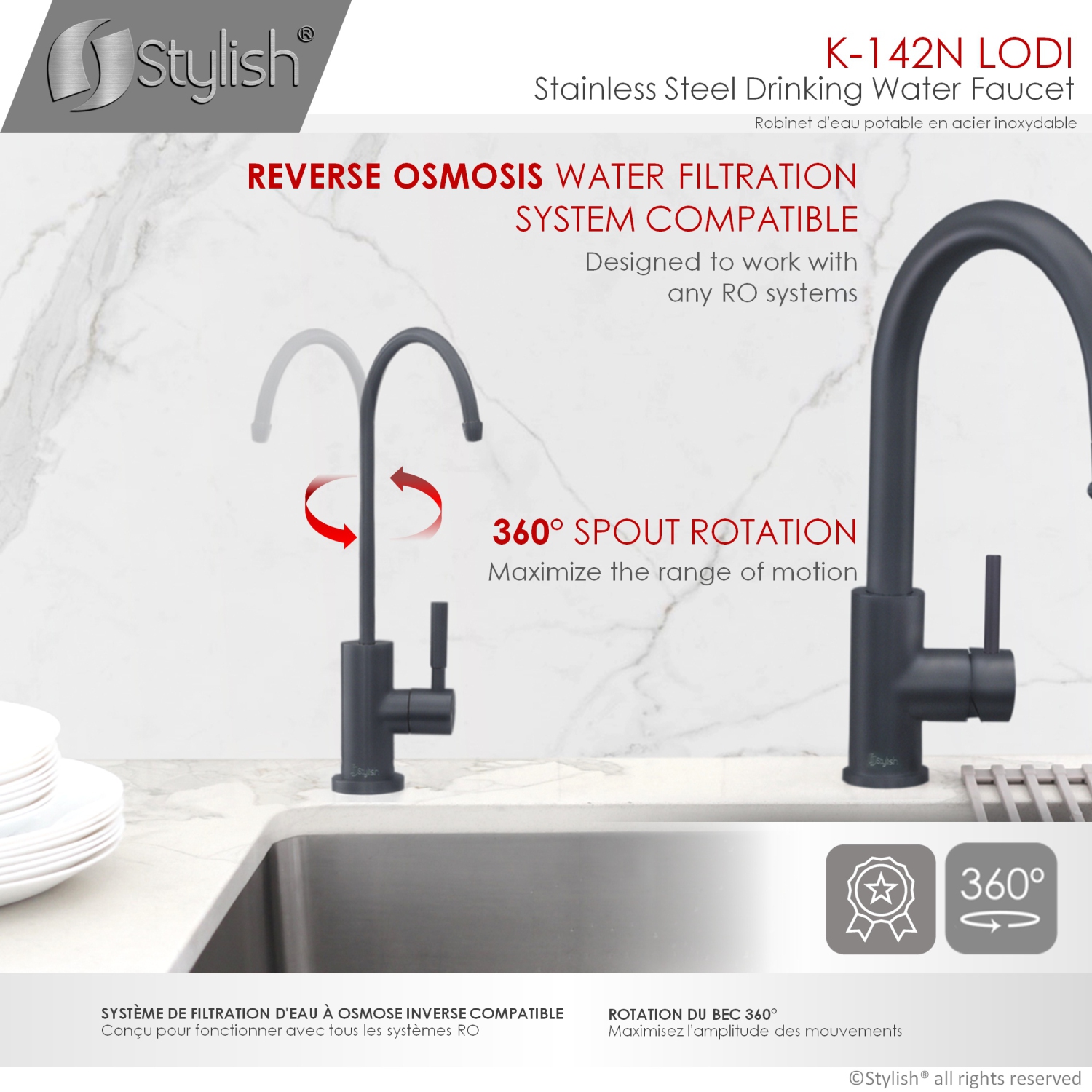 STYLISH Kitchen Sink Drinking Water Tap Faucet, Stainless Steel Matte Black Finish K-142N