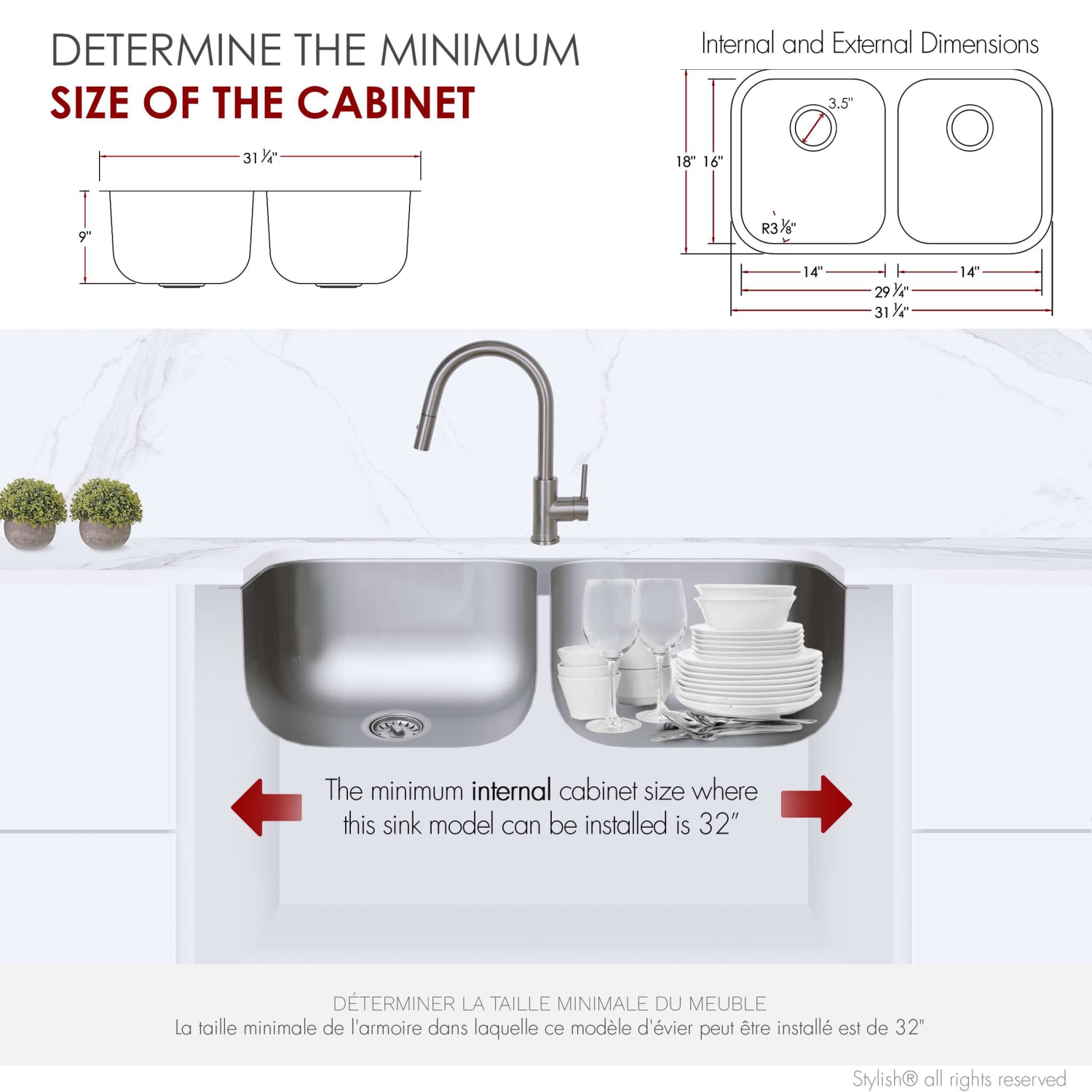 Stylish 31 ¼-inch Dual Mount Double Bowl 18 Gauge Stainless Steel Kitchen Sink, S-200T