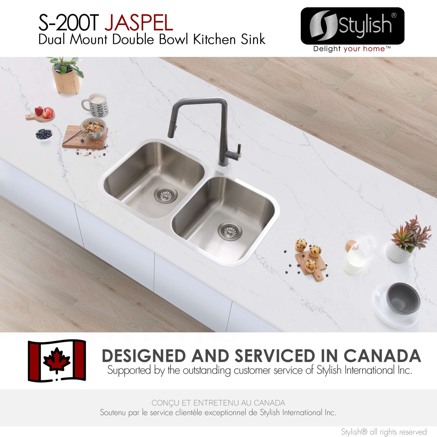 Stylish 31 ¼-inch Dual Mount Double Bowl 18 Gauge Stainless Steel Kitchen Sink, S-200T