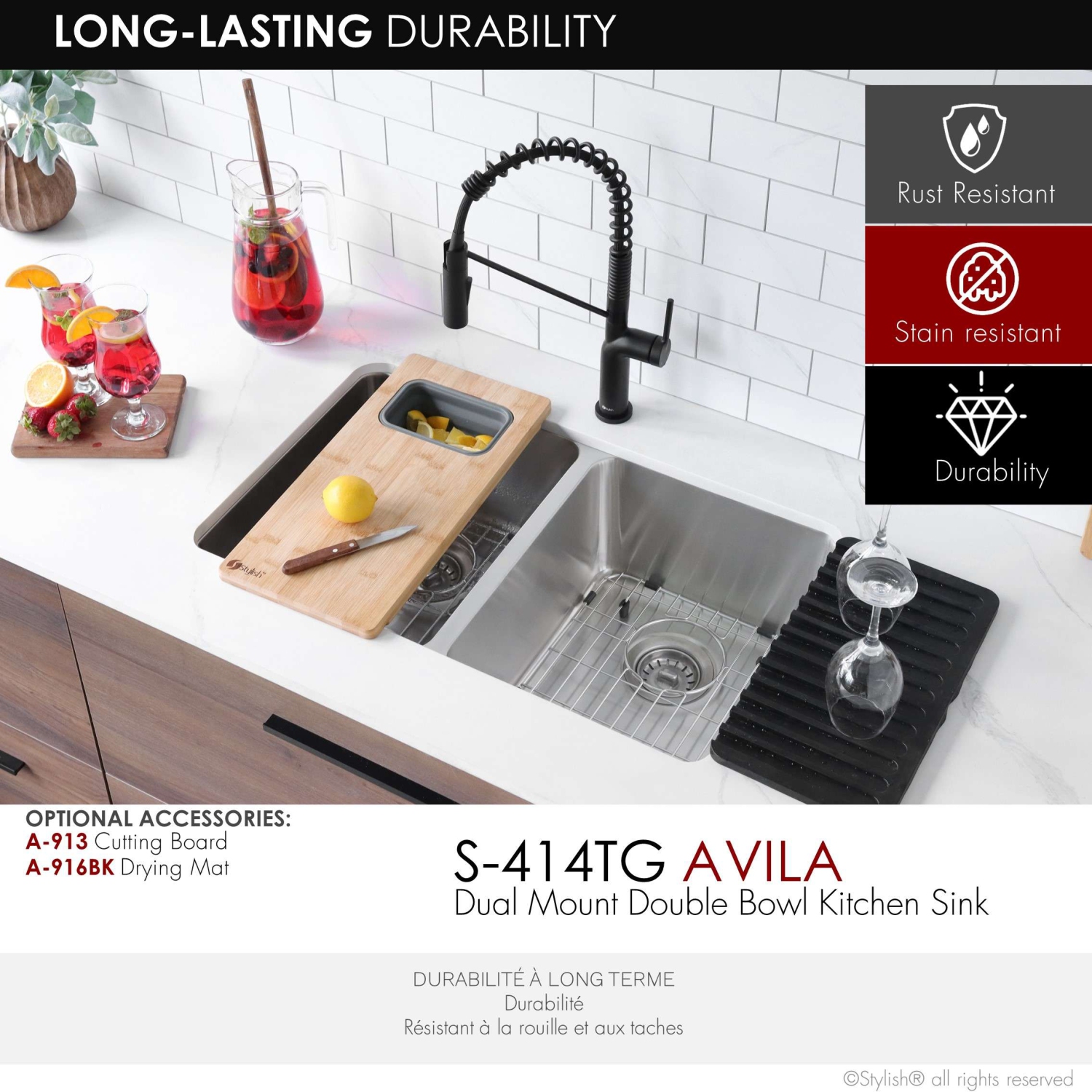 Stylish Dual-Mount 29" Double Bowl Stainless Steel Kitchen Sink with grids and strainers, S-414TG