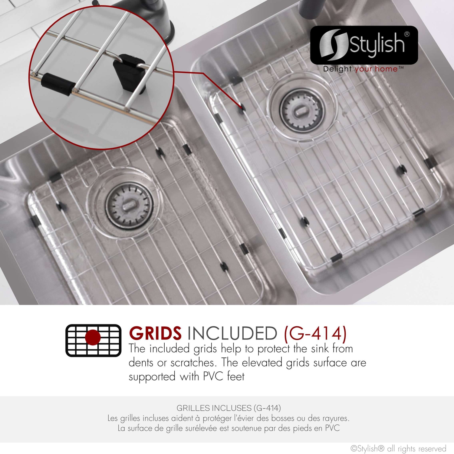 Stylish Dual-Mount 29" Double Bowl Stainless Steel Kitchen Sink with grids and strainers, S-414TG