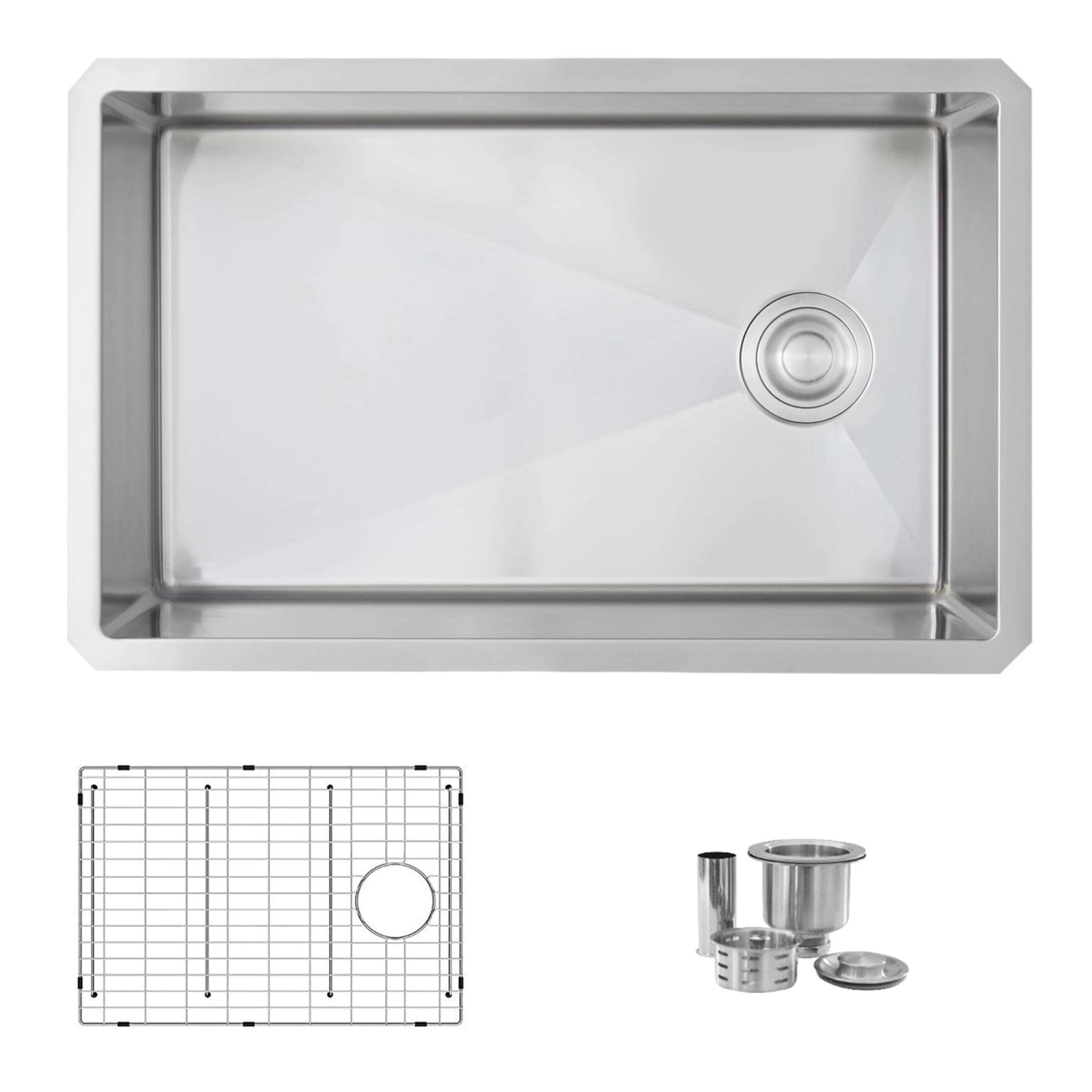 AZUNI – Évier de cuisine réversible sous comptoir 16G à un bol en acier inoxydable 28 x 18&nbsp;po avec grille et passoire à panier C128