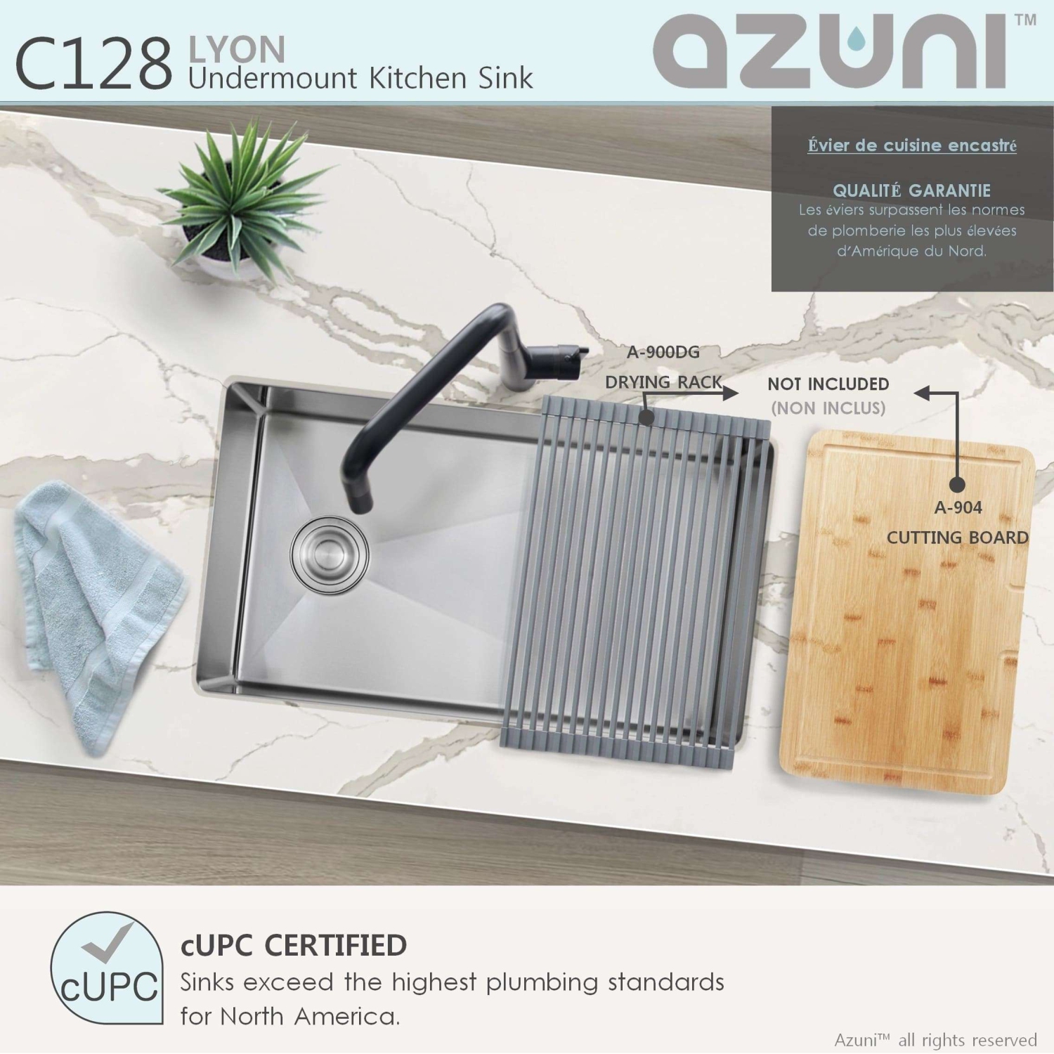 AZUNI – Évier de cuisine réversible sous comptoir 16G à un bol en acier inoxydable 28 x 18&nbsp;po avec grille et passoire à panier C128