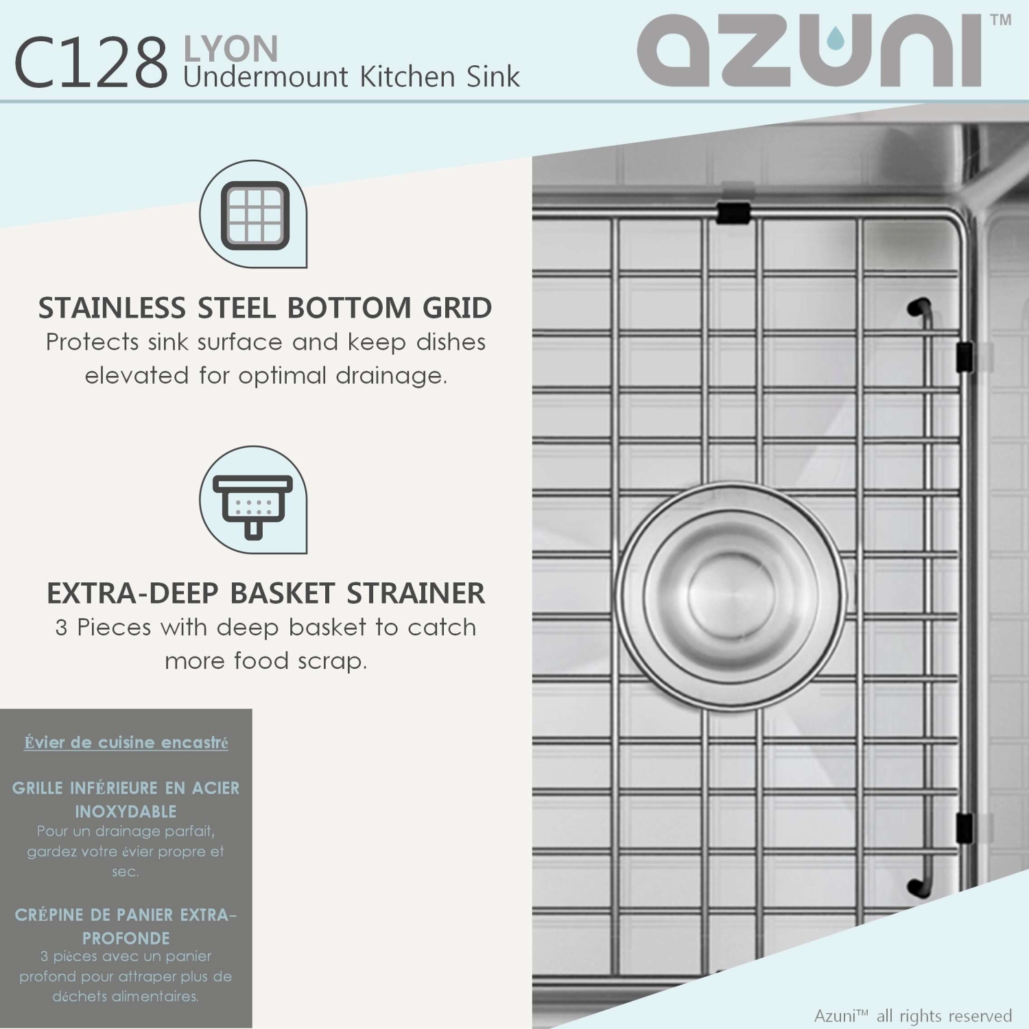 AZUNI – Évier de cuisine réversible sous comptoir 16G à un bol en acier inoxydable 28 x 18&nbsp;po avec grille et passoire à panier C128
