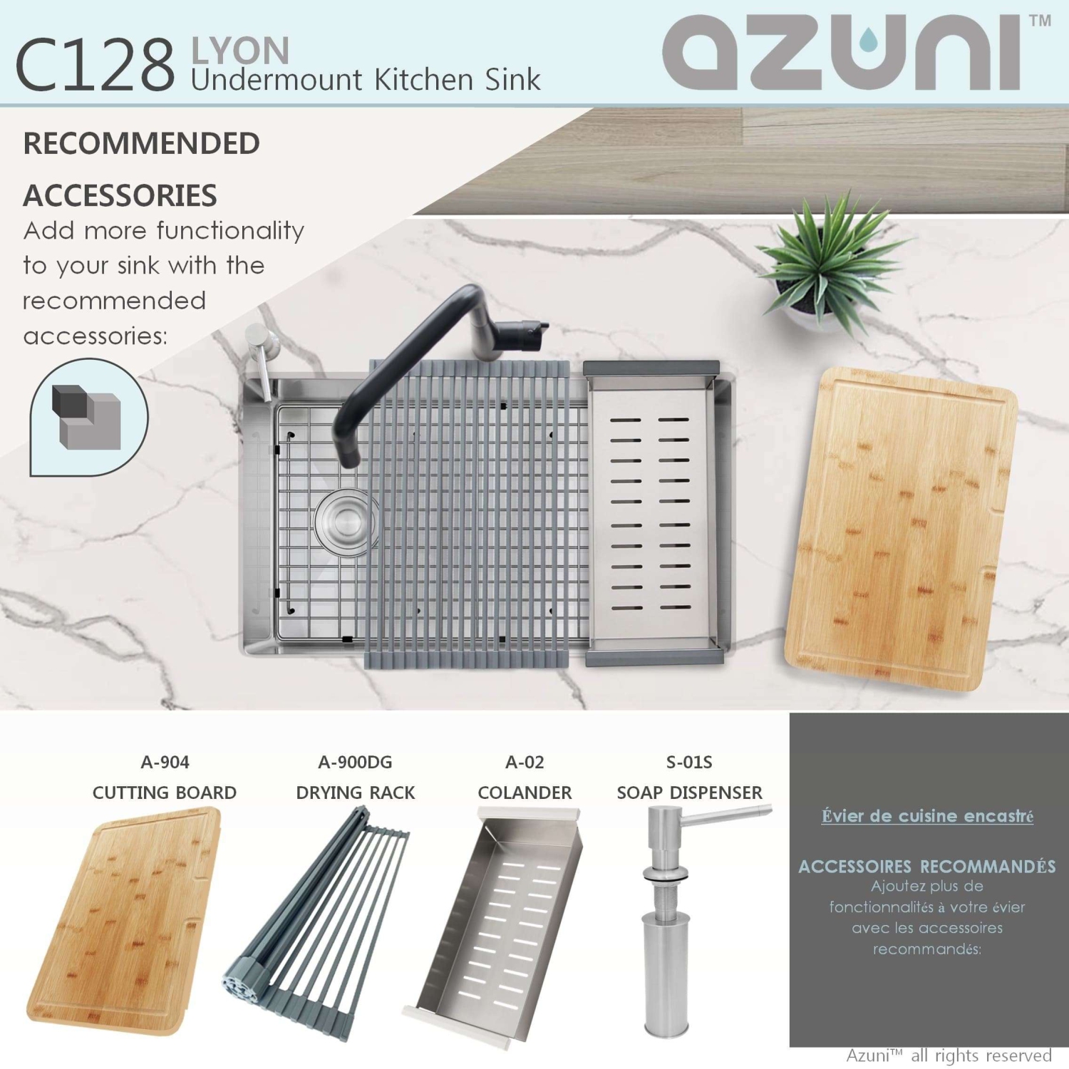 AZUNI – Évier de cuisine réversible sous comptoir 16G à un bol en acier inoxydable 28 x 18&nbsp;po avec grille et passoire à panier C128