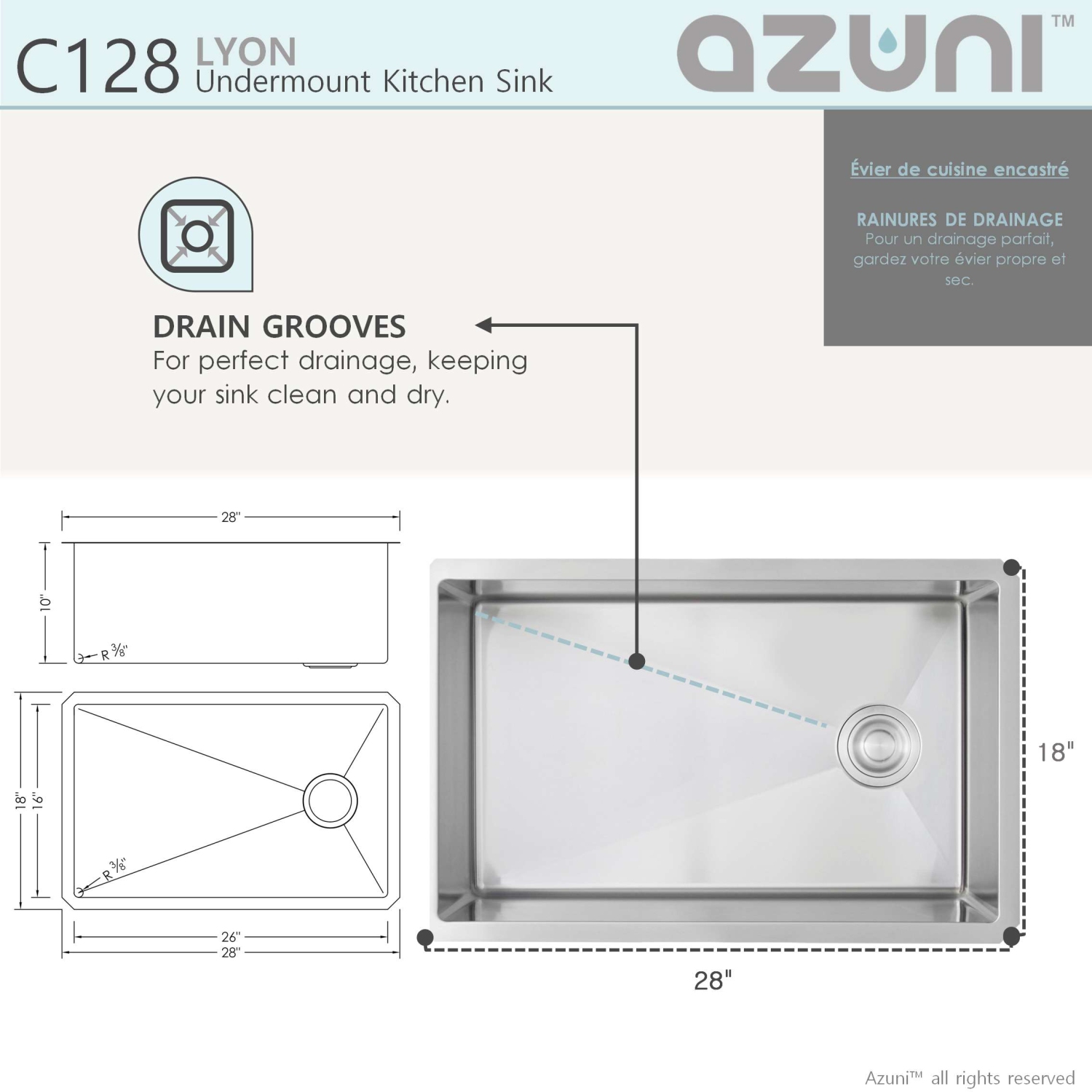 AZUNI – Évier de cuisine réversible sous comptoir 16G à un bol en acier inoxydable 28 x 18&nbsp;po avec grille et passoire à panier C128