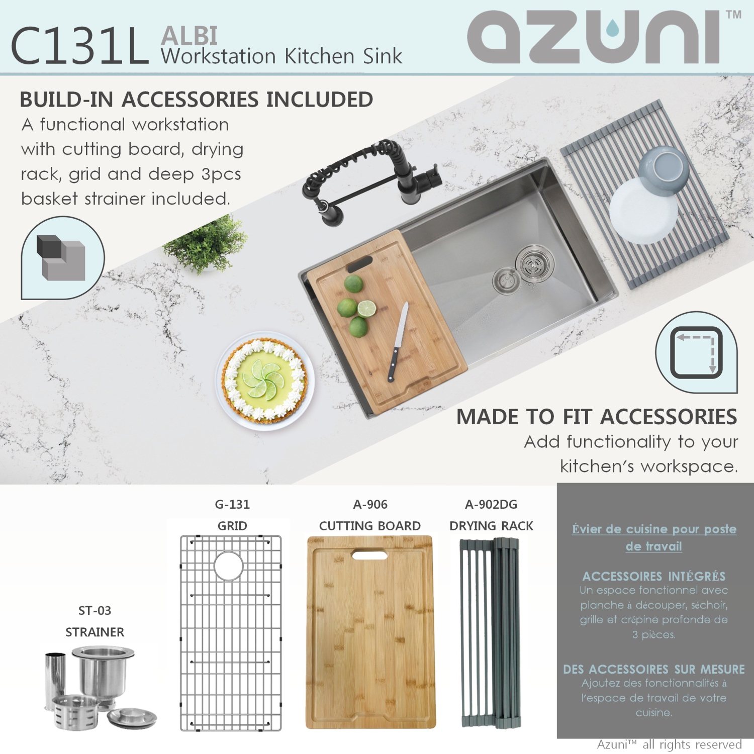 AZUNI 30"L x 19"W Single Bowl Undermount 16G Reversible Workstation Kitchen Sink with accessories C131L